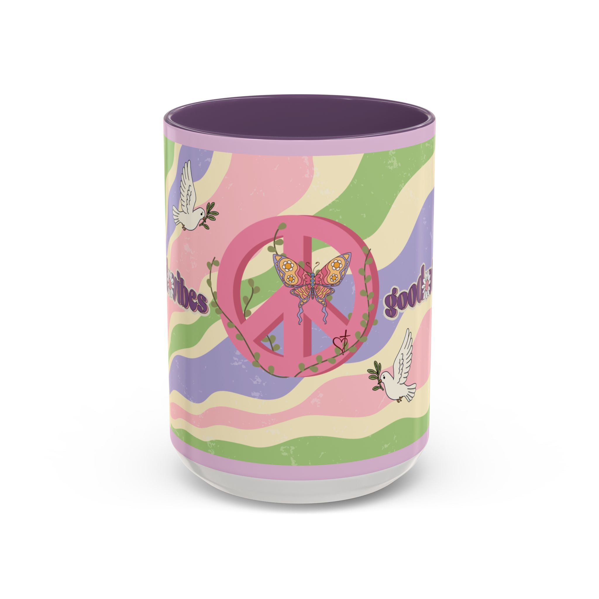 Peace & Love Good Vibes Ceramic Mug — Boho Butterfly & Dove Design (11, 15oz)