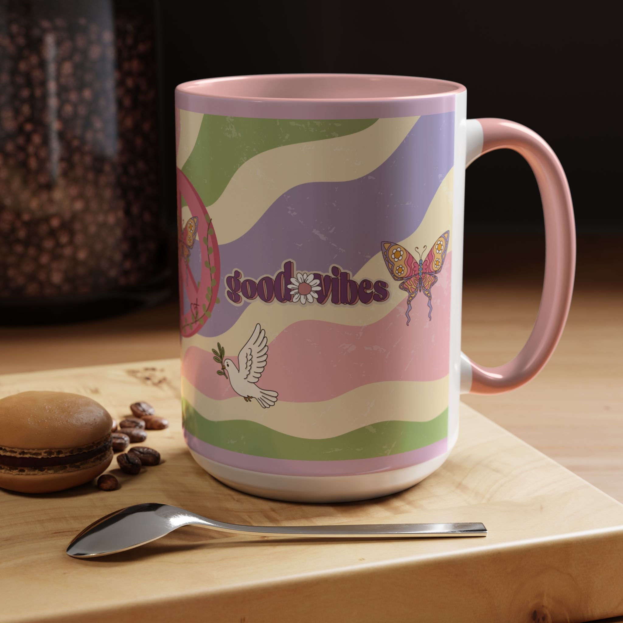 Peace & Love Good Vibes Ceramic Mug — Boho Butterfly & Dove Design (11, 15oz)