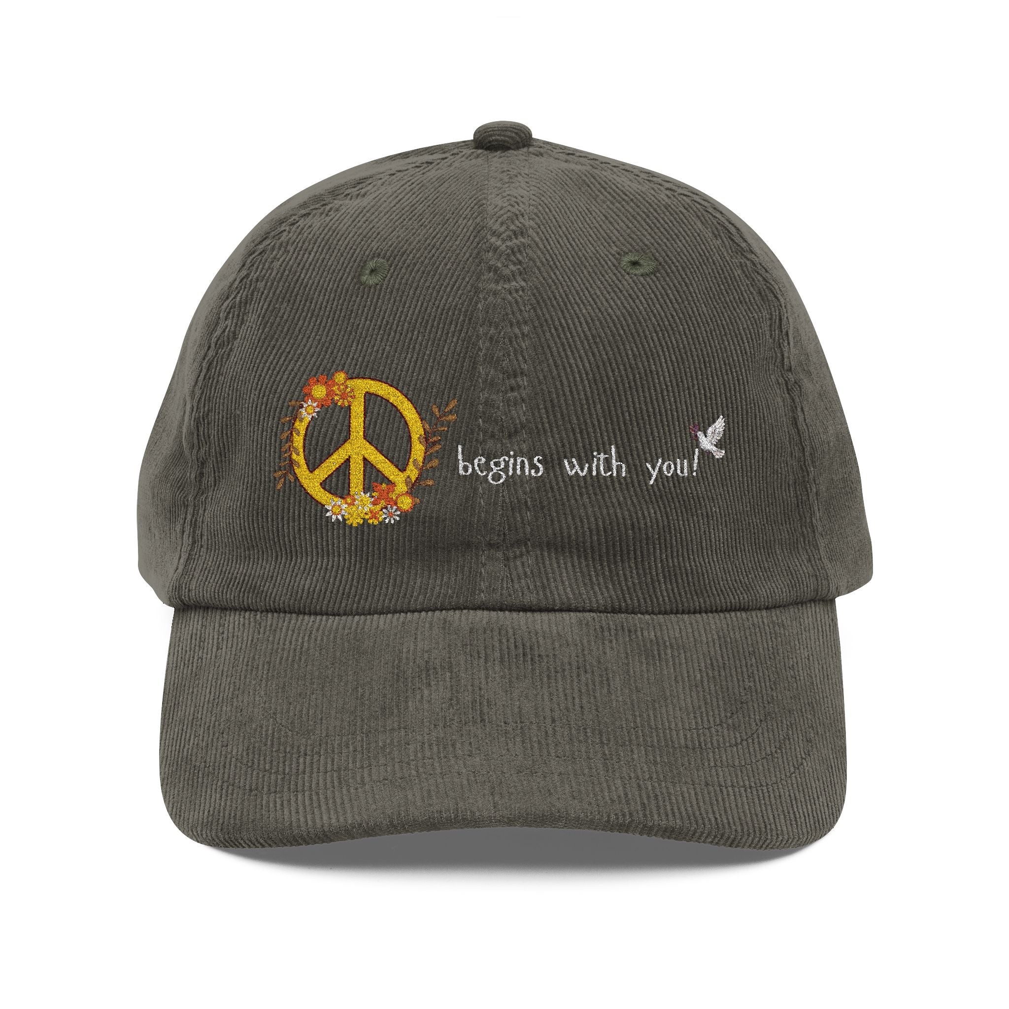 Adult Unisex Retro Corduroy Cap: Embroidered Peace I Give You
