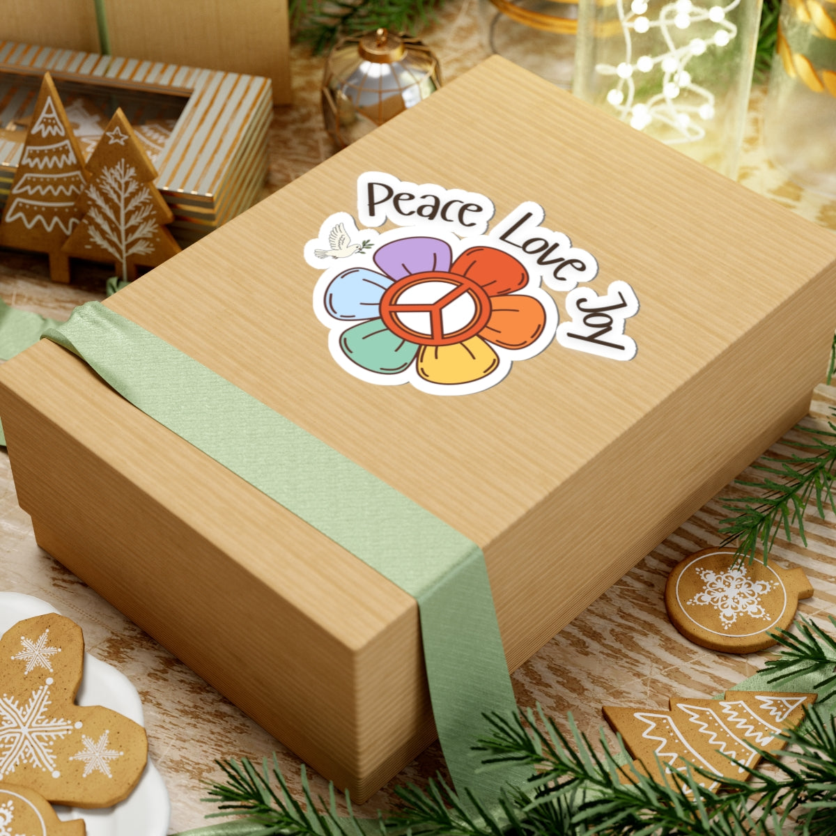 Peace Love Joy Kiss-Cut Sticker — Retro Flower Peace Sign Sticker for Laptops, Water Bottles & Journals