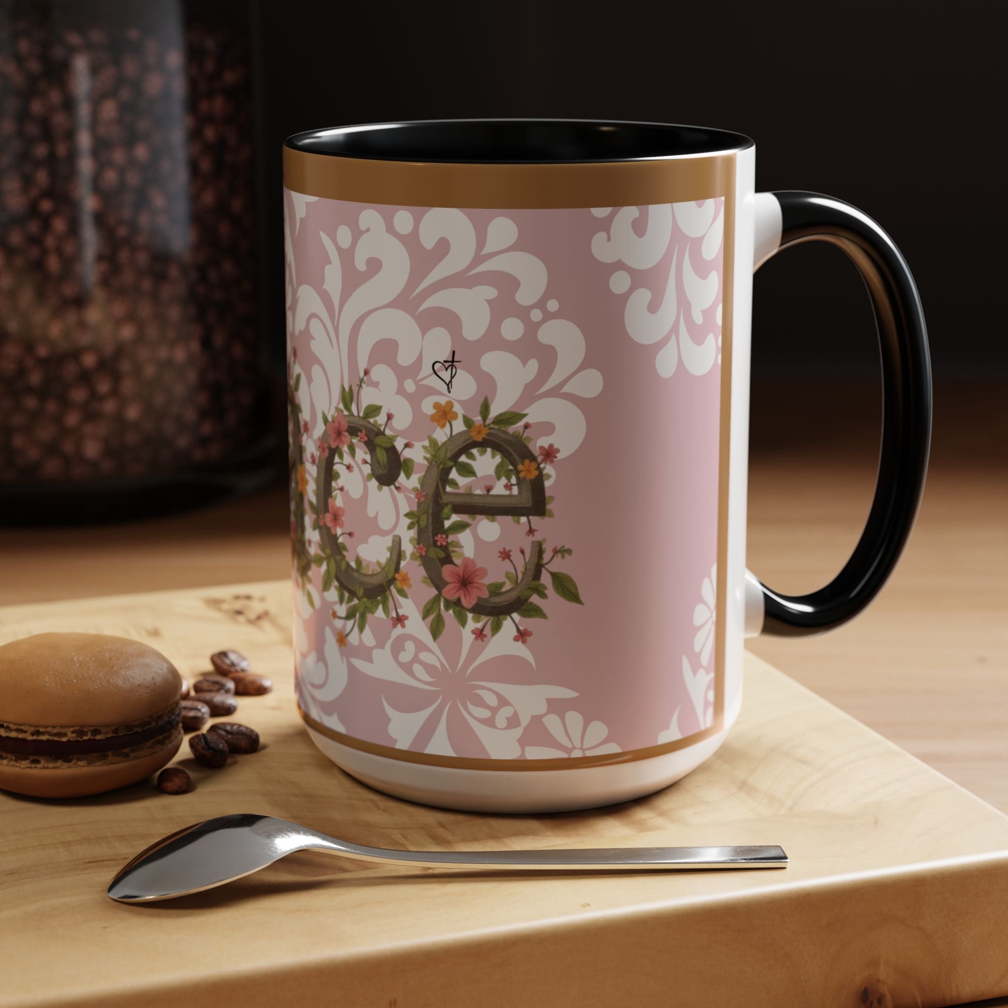 Peace and Love Coffee Mug — John 14:27 Pink Damask & Olive Floral Accent(11, 15oz)