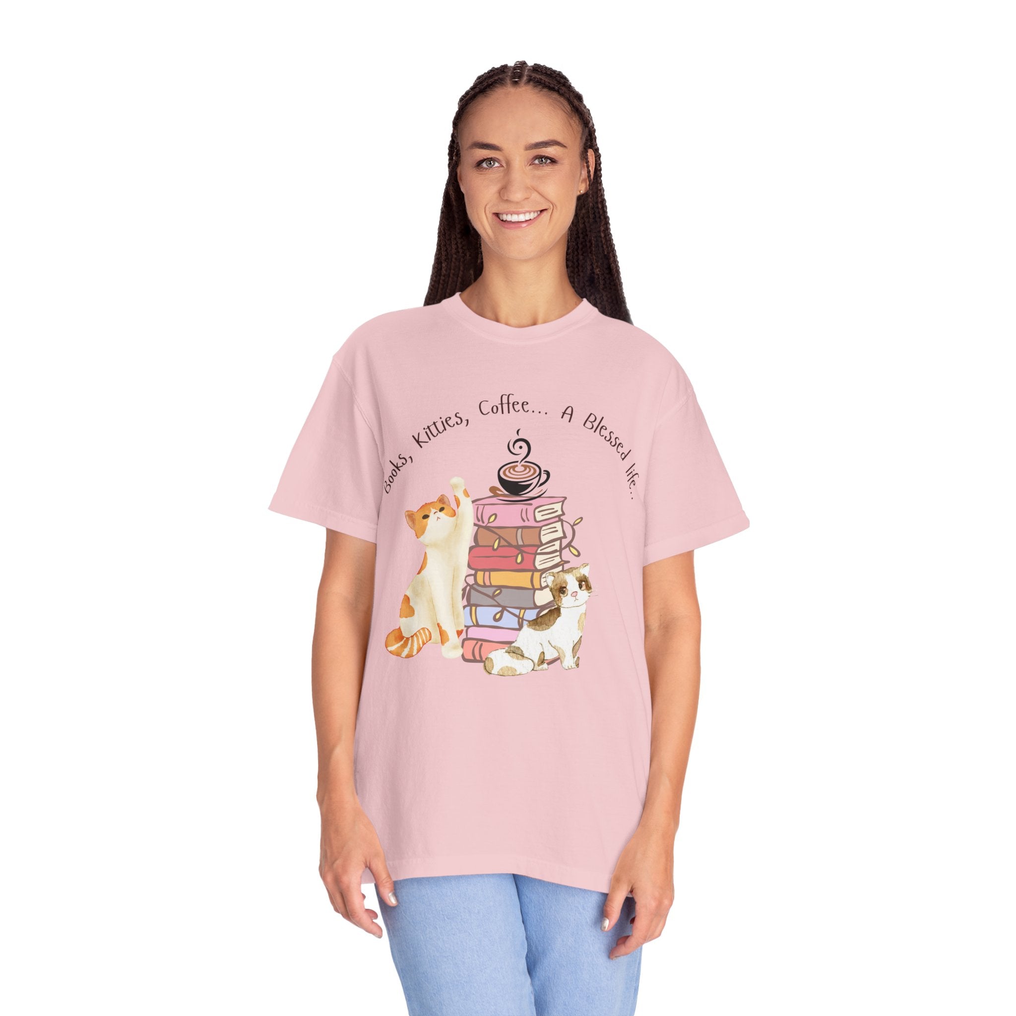 Adult Female Books, Kitties & Coffee Relaxed Tee;  A Blessed Life