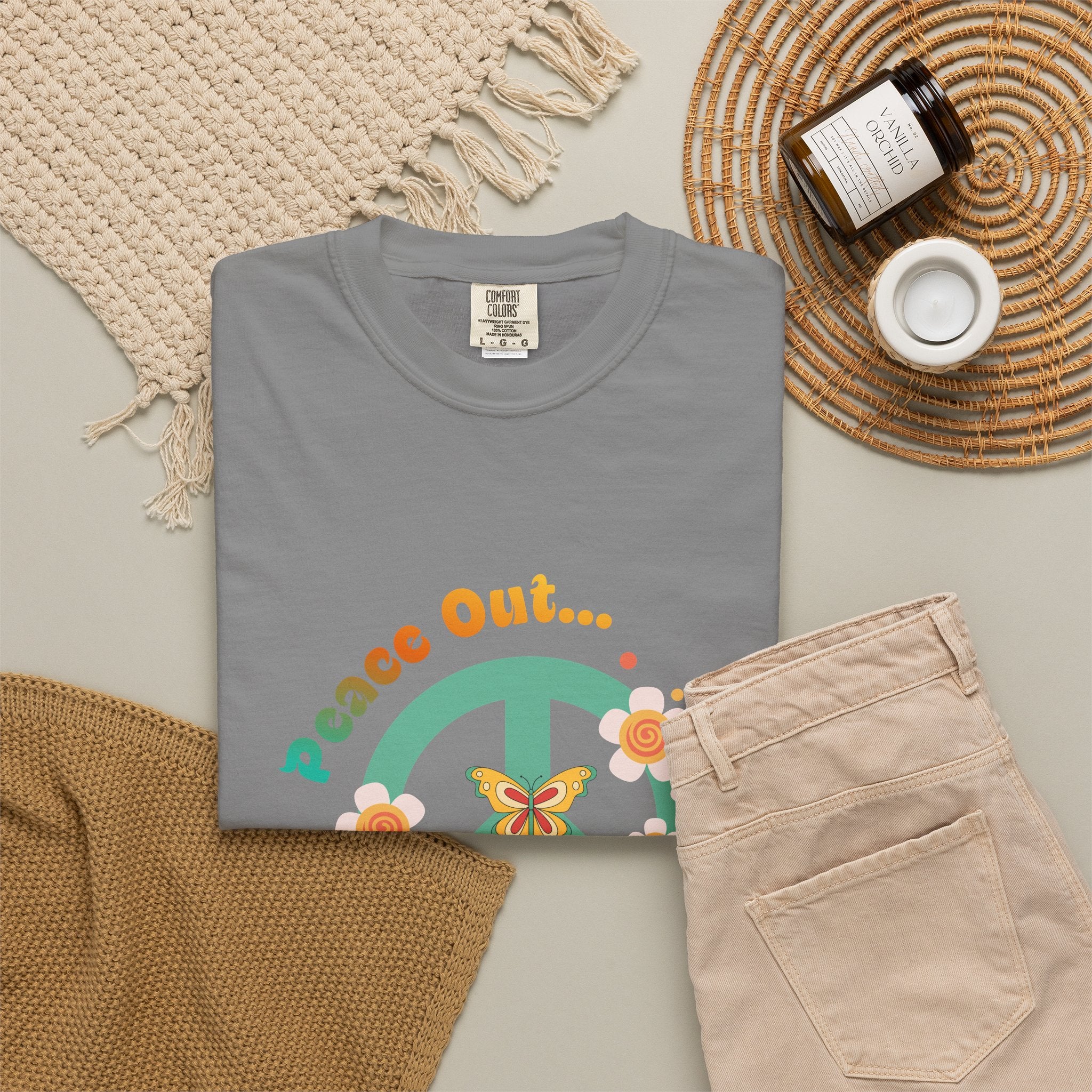 Peace Out T‑Shirt — Retro Floral Peace Sign Tee with ‘Peace Out…’ Text