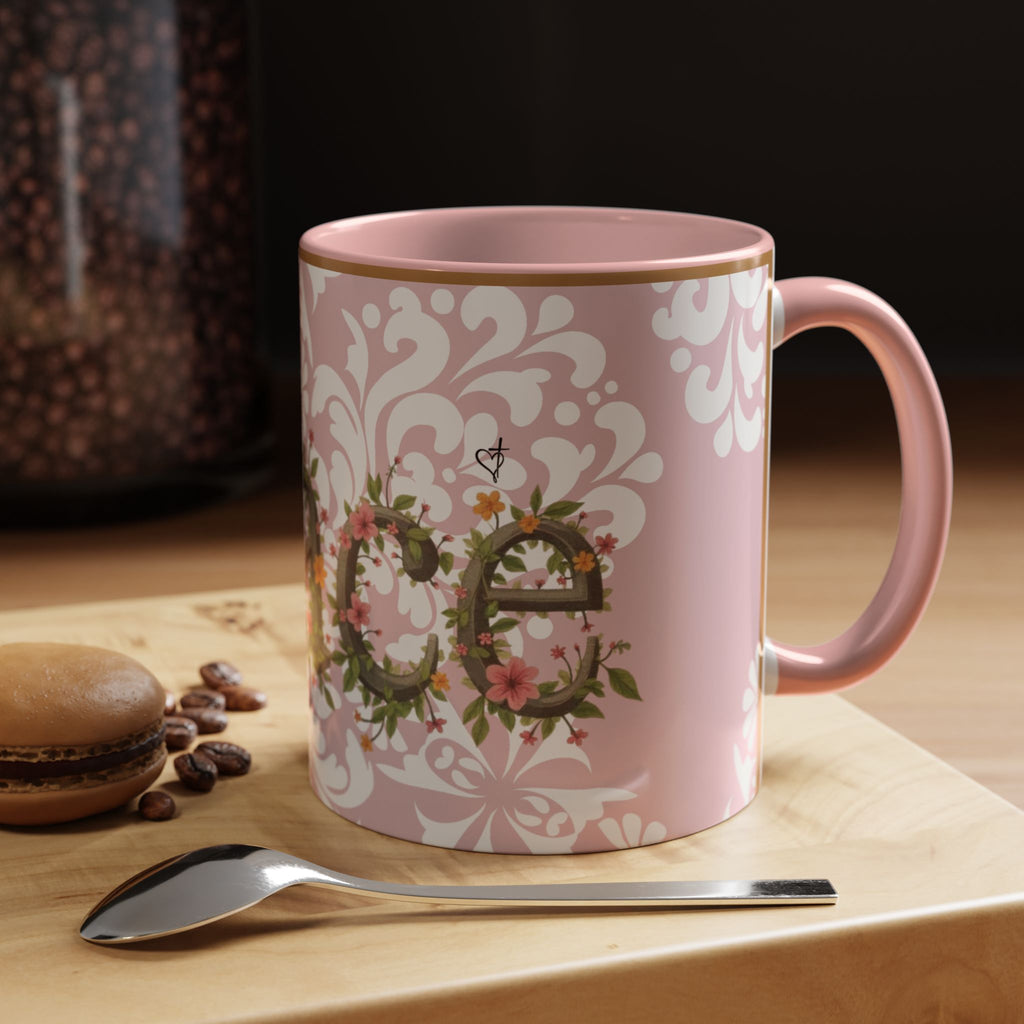 Peace and Love Coffee Mug — John 14:27 Pink Damask & Olive Floral Accent(11, 15oz)