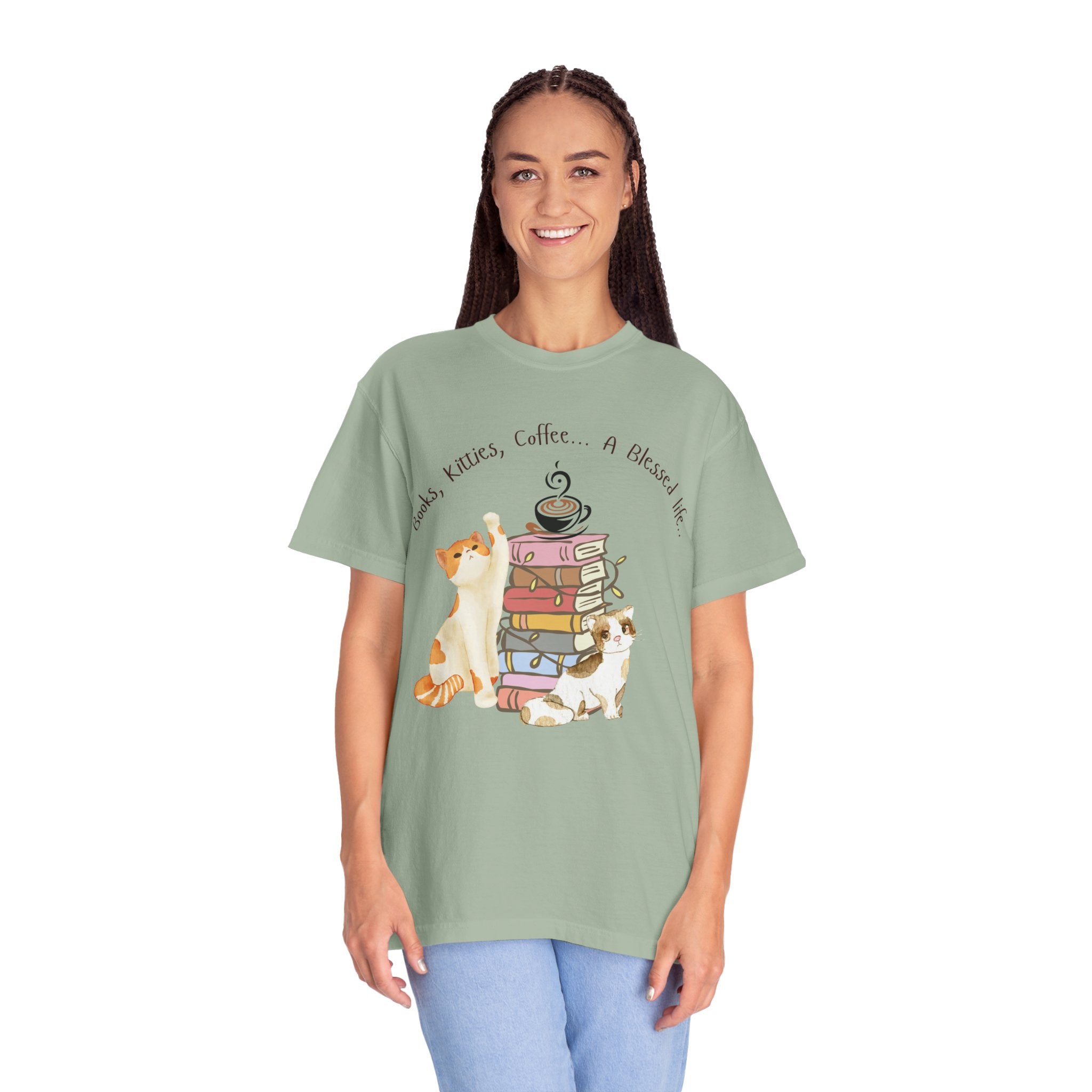 Adult Female Books, Kitties & Coffee Relaxed Tee;  A Blessed Life