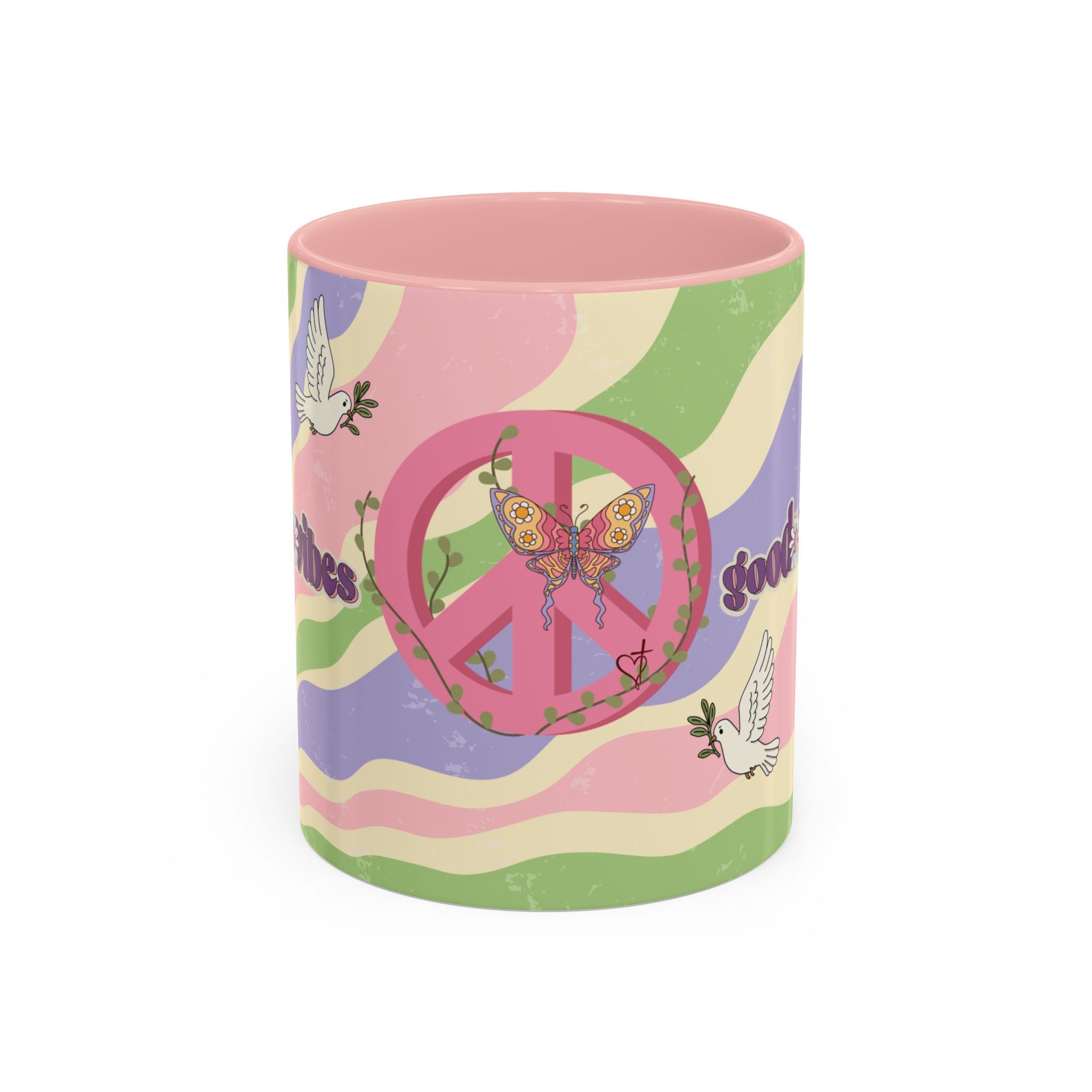 Peace & Love Good Vibes Ceramic Mug — Boho Butterfly & Dove Design (11, 15oz)