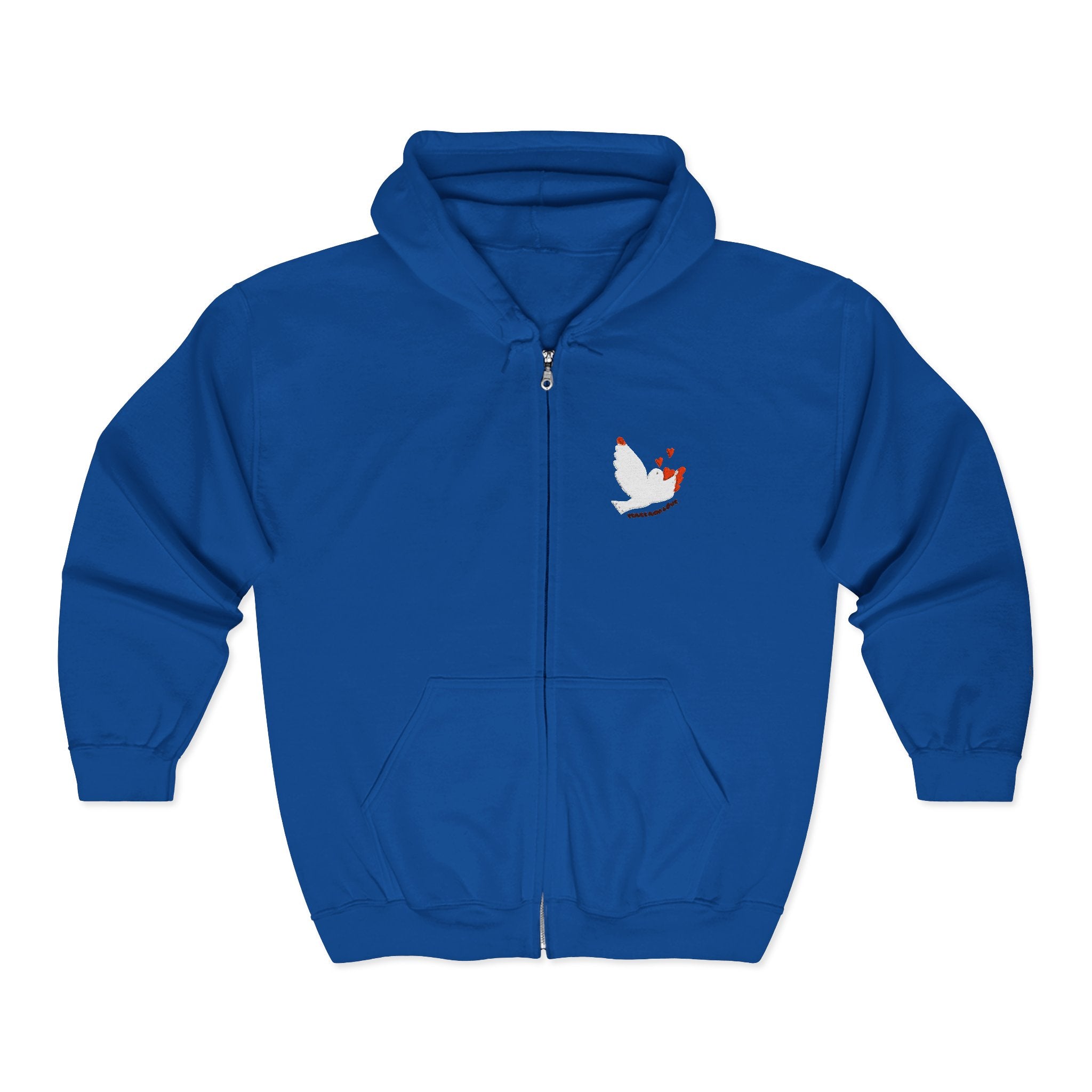 Adult Female Embroidered Zippered Hoodie:  Peace and Love