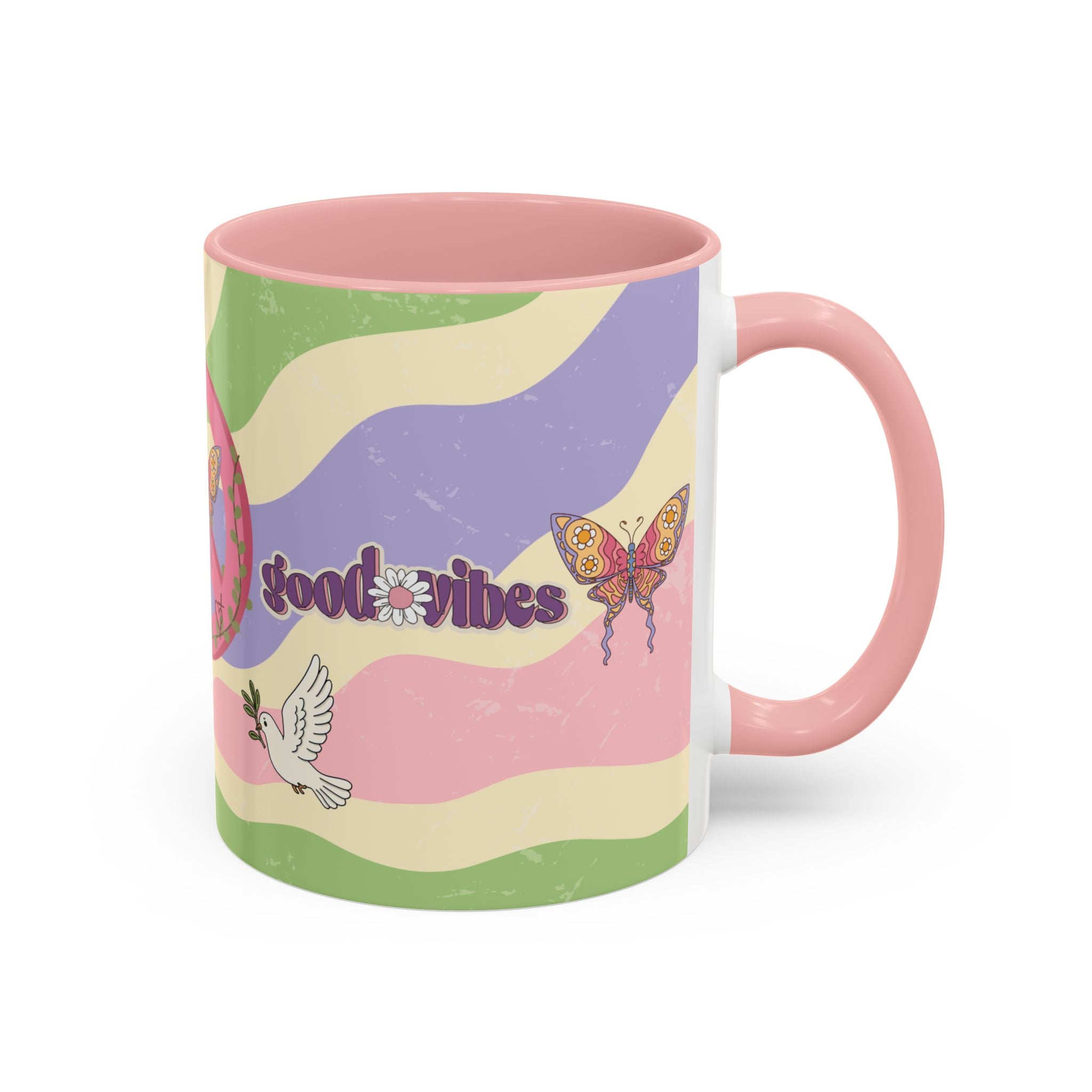 Peace & Love Good Vibes Ceramic Mug — Boho Butterfly & Dove Design (11, 15oz)