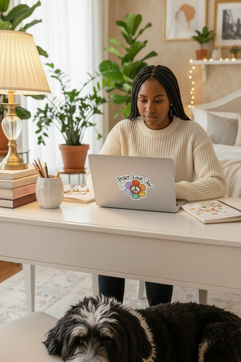Peace Love Joy Kiss-Cut Sticker — Retro Flower Peace Sign Sticker for Laptops, Water Bottles & Journals