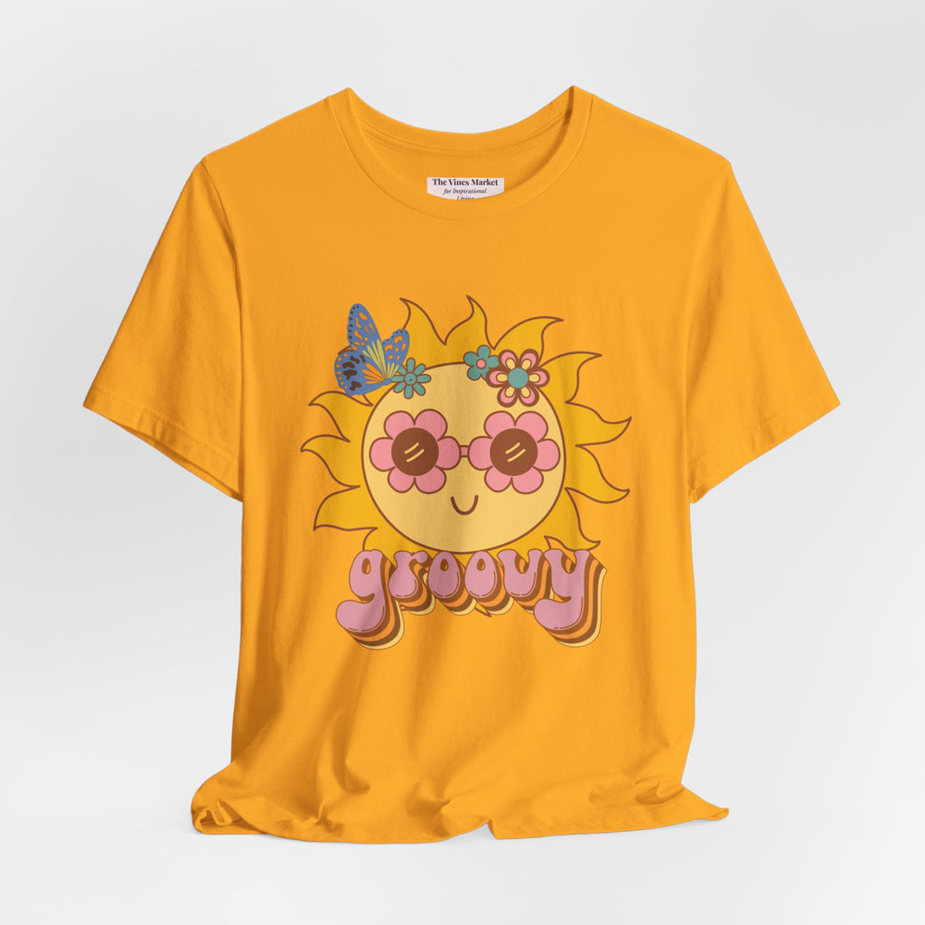 Groovy Sunflower Tee — 70s Retro Sun Graphic T-Shirt