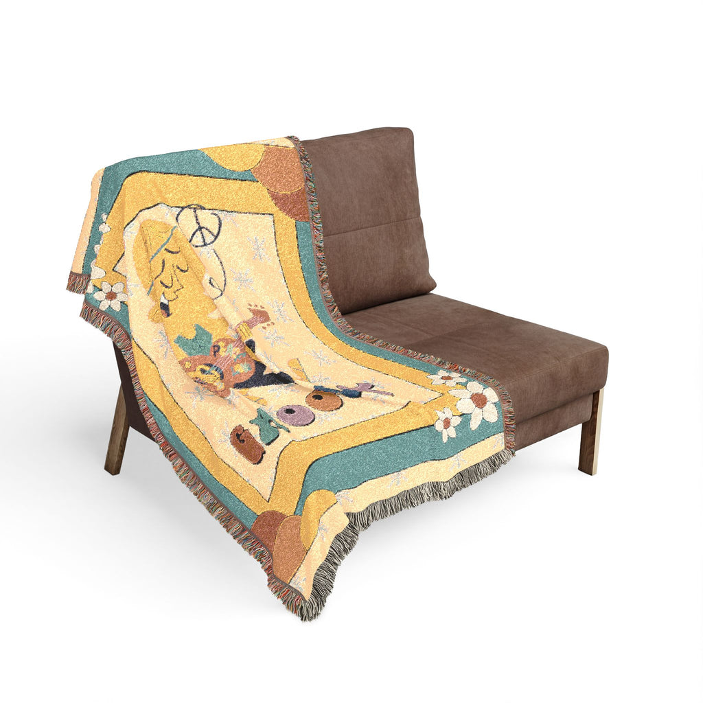 Groovy 70s Hippie Guitar Throw Blanket — Retro Teal & Mustard Woven Blanket