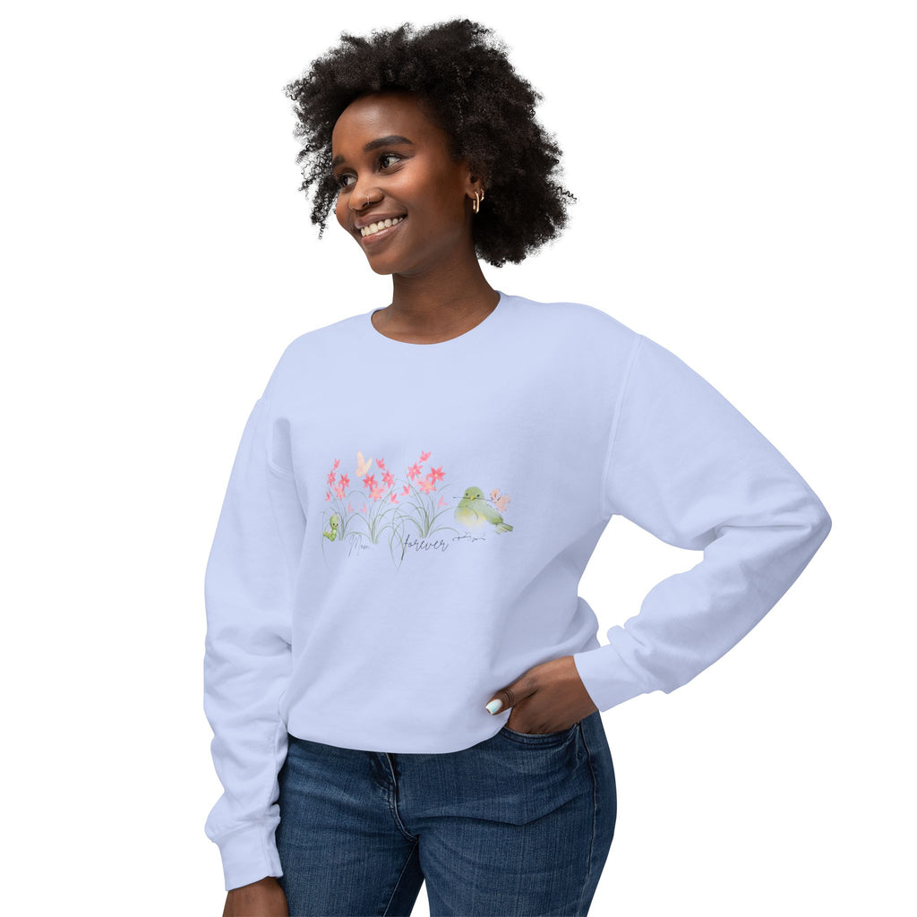 Female Adult Lightweight Crewneck Sweatshirt: Mom… Forever – Nurturing Floral
