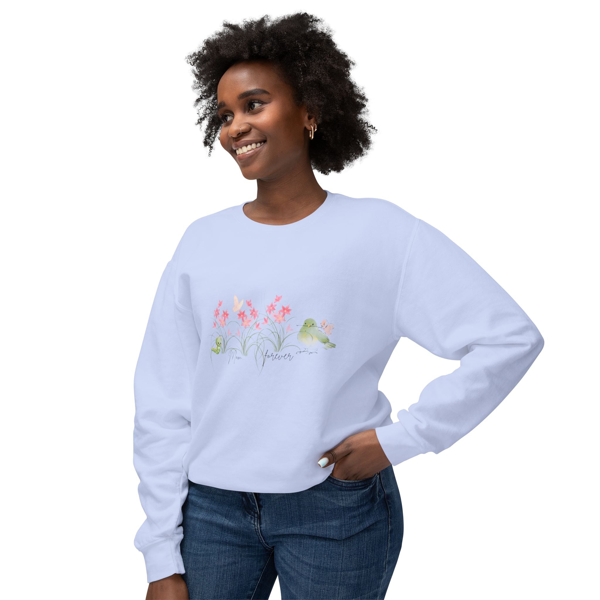 Female Adult Lightweight Crewneck Sweatshirt: Mom… Forever – Nurturing Floral