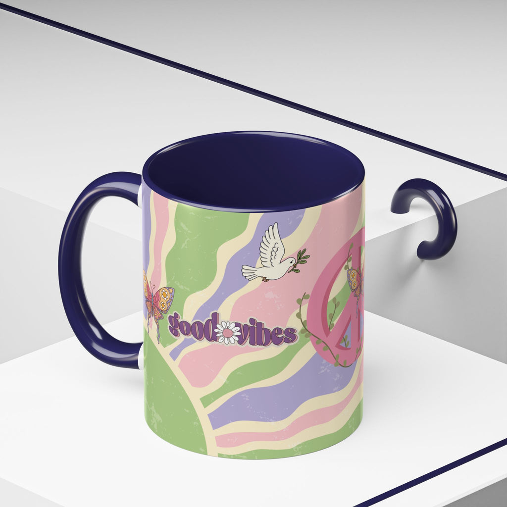 Peace & Love Good Vibes Ceramic Mug — Boho Butterfly & Dove Design (11, 15oz)