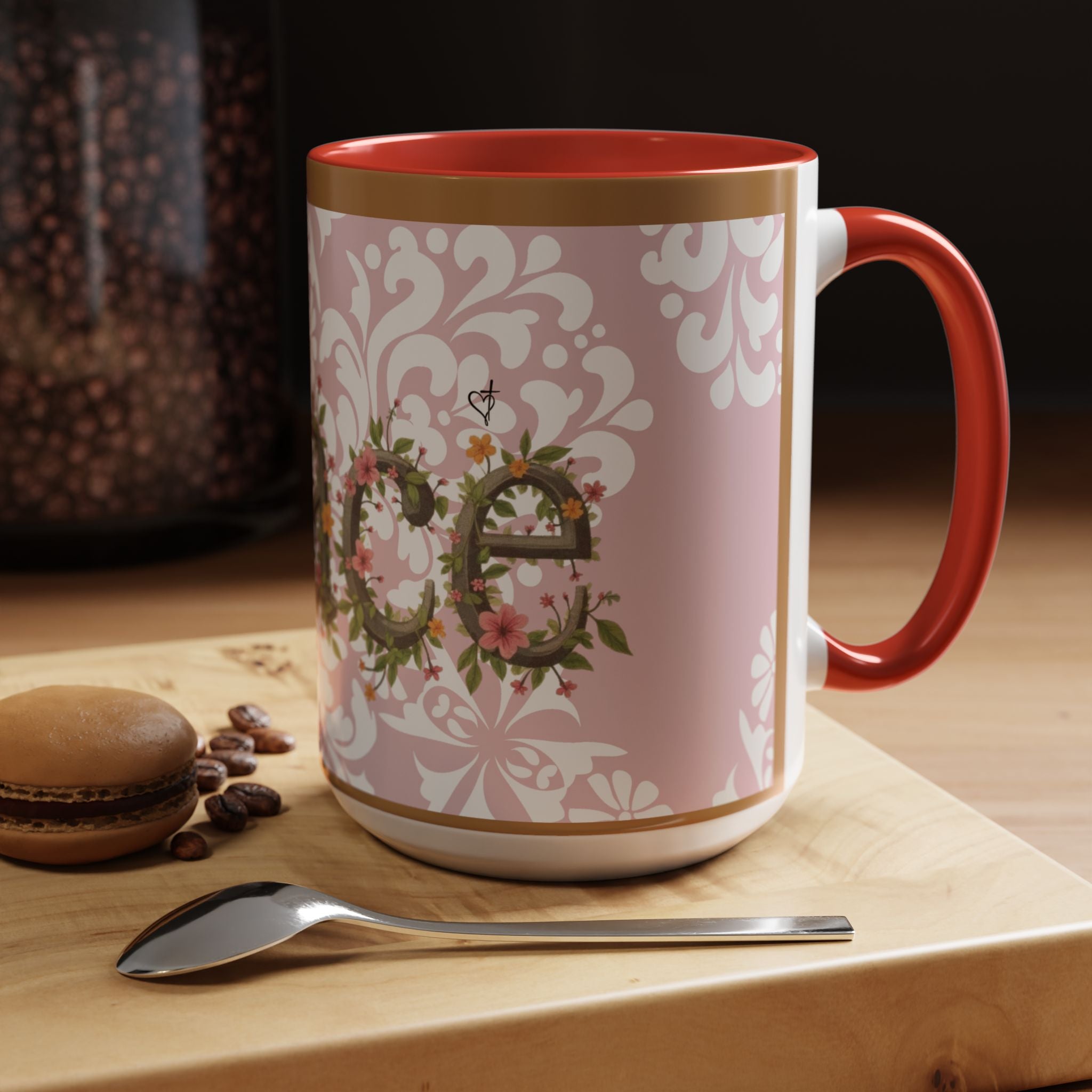 Peace and Love Coffee Mug — John 14:27 Pink Damask & Olive Floral Accent(11, 15oz)
