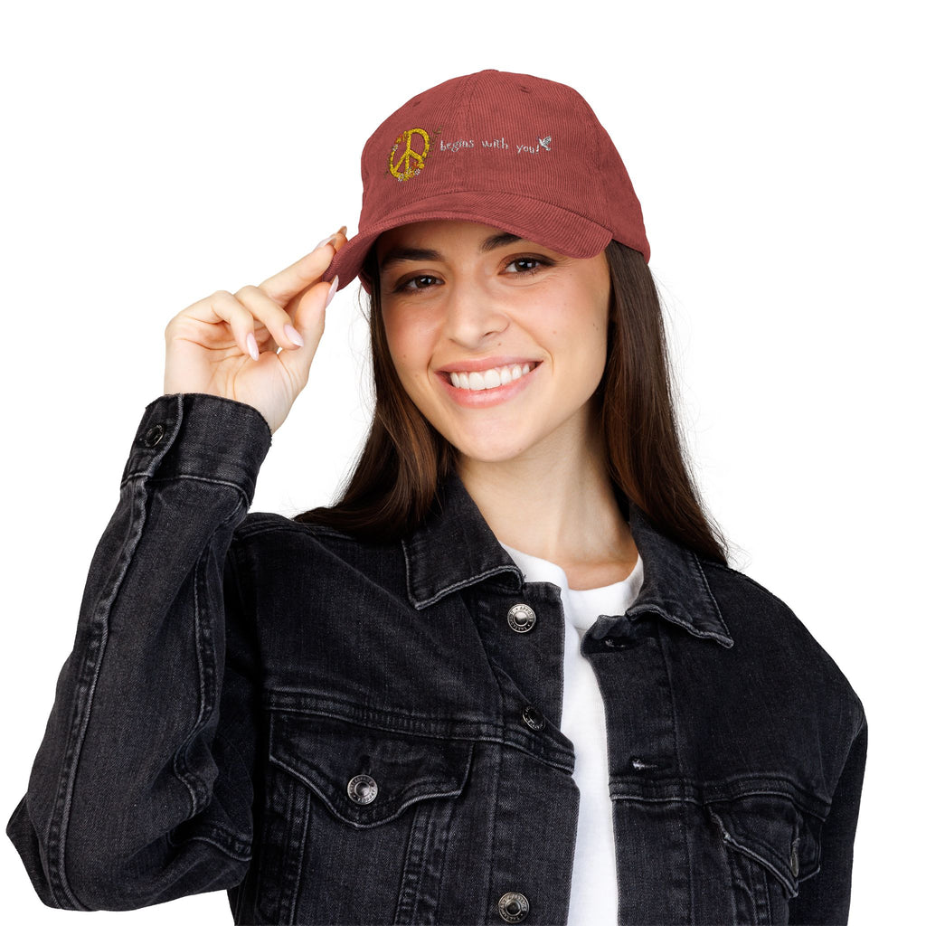 Adult Unisex Retro Corduroy Cap: Embroidered Peace I Give You