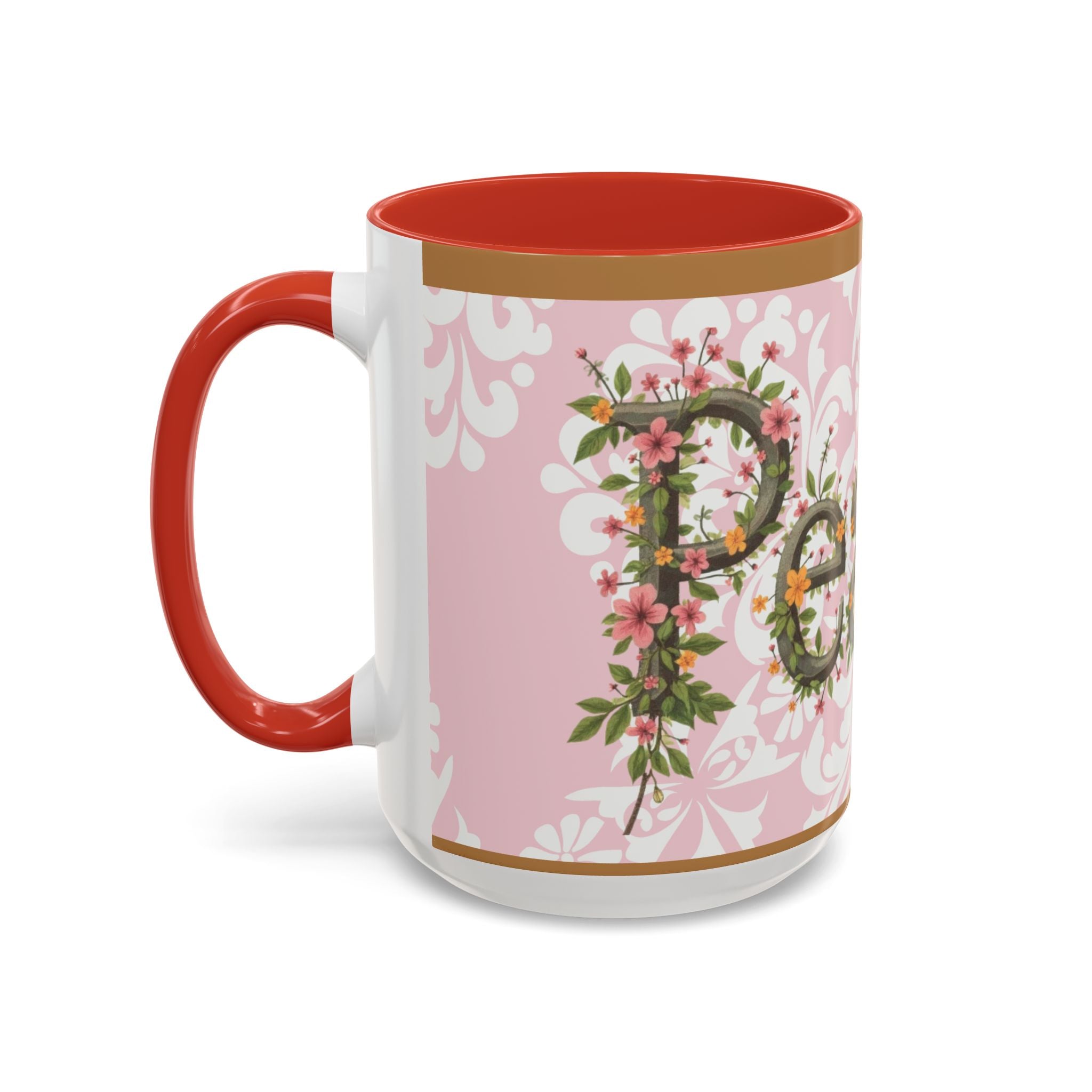 Peace and Love Coffee Mug — John 14:27 Pink Damask & Olive Floral Accent(11, 15oz)