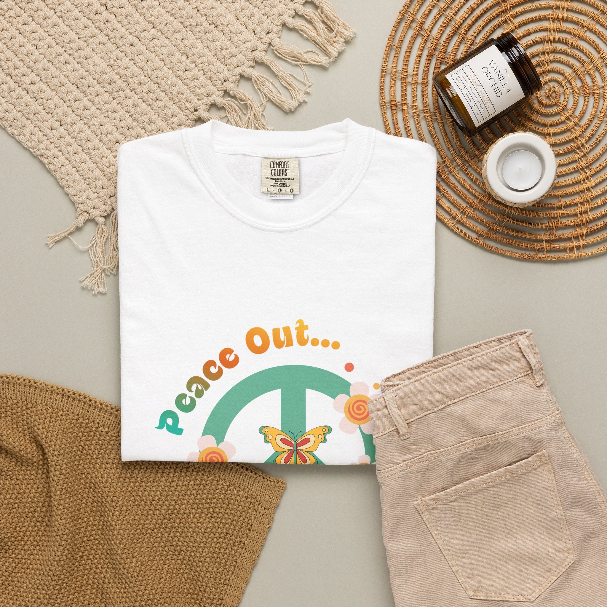 Peace Out T‑Shirt — Retro Floral Peace Sign Tee with ‘Peace Out…’ Text