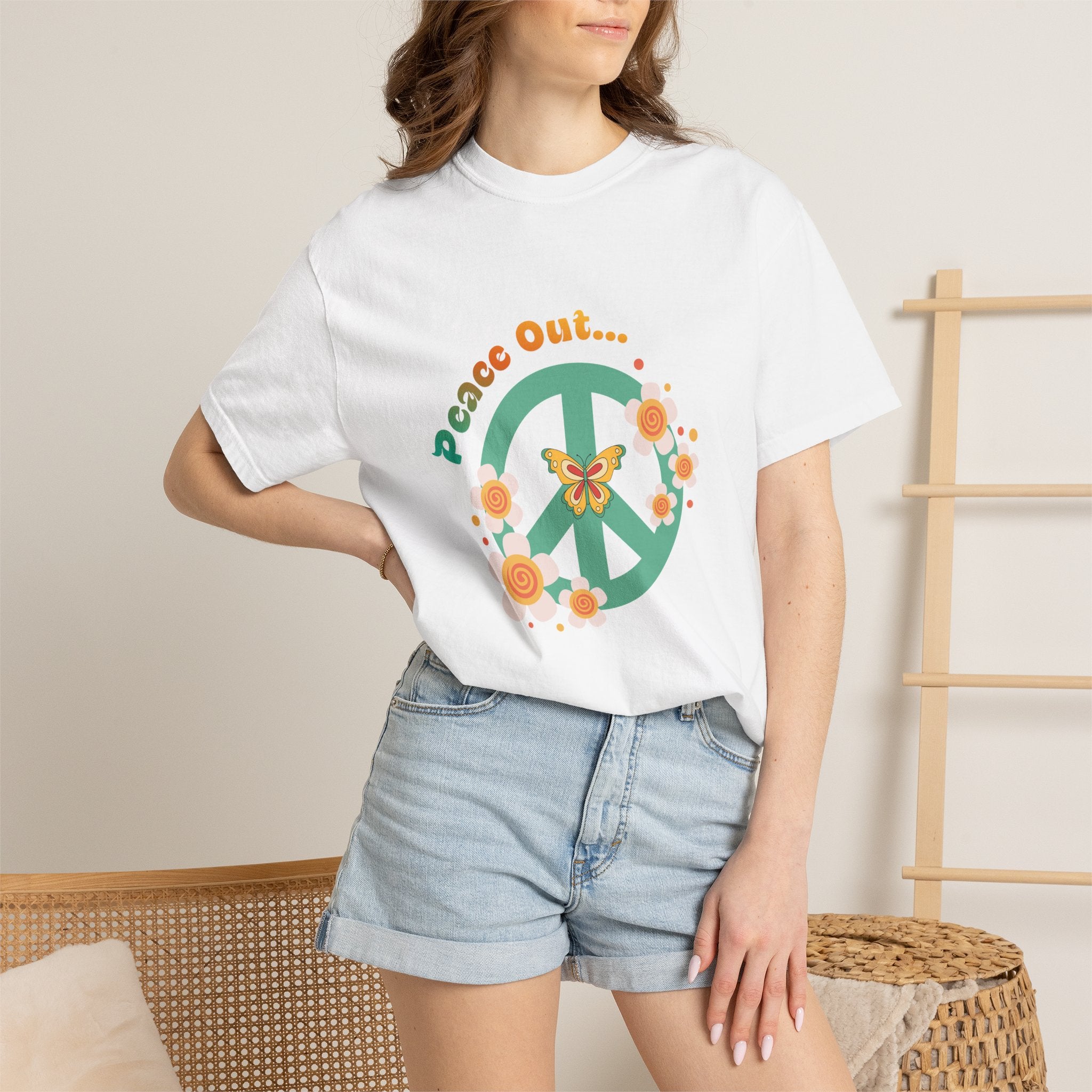 Peace and Love Retro Floral Peace Sign Tee with ‘Peace Out…’ for Her