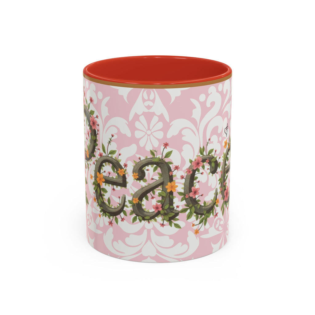 Peace and Love Coffee Mug — John 14:27 Pink Damask & Olive Floral Accent(11, 15oz)