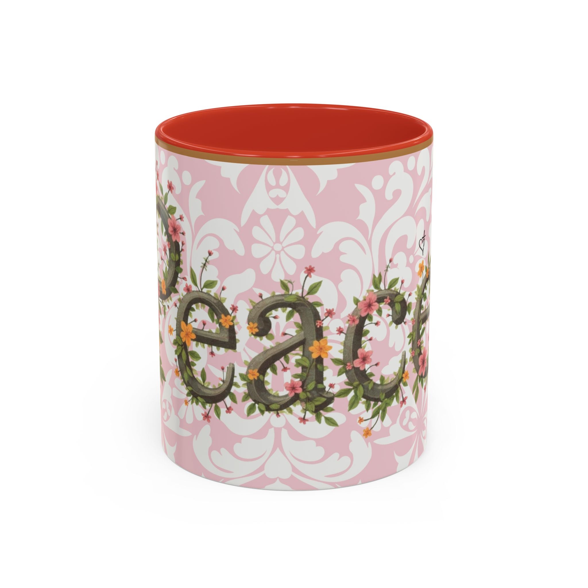 Peace and Love Coffee Mug — John 14:27 Pink Damask & Olive Floral Accent(11, 15oz)