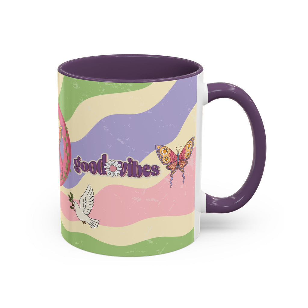 Peace & Love Good Vibes Ceramic Mug — Boho Butterfly & Dove Design (11, 15oz)