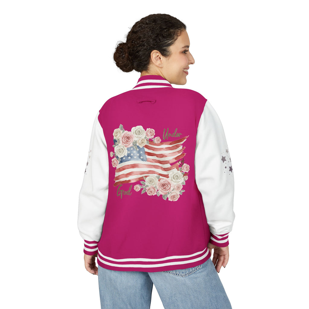 Under God | Watercolor Flag & Roses Varsity Jacket Adult Female