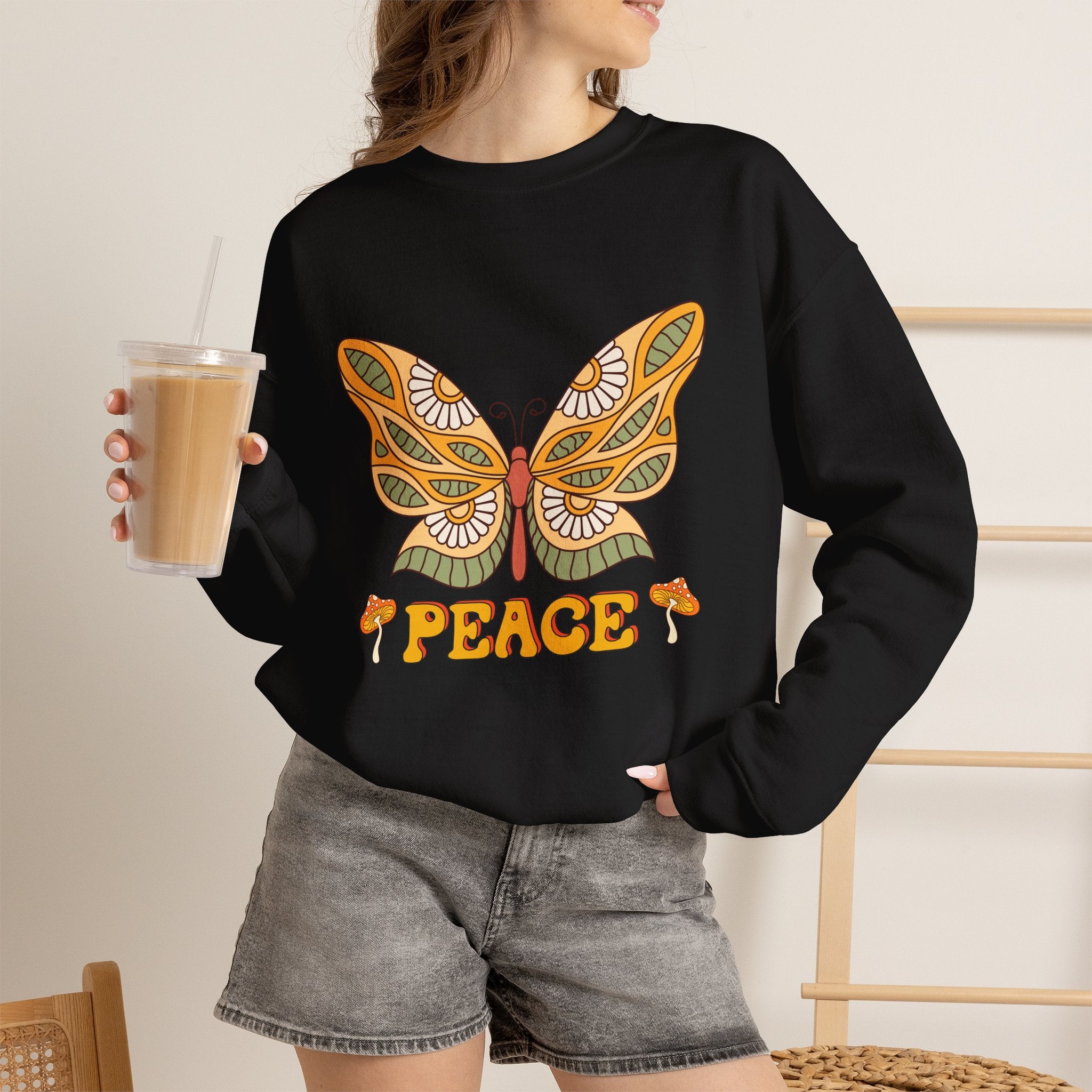 Peace Butterfly Crewneck Sweatshirt — Retro Floral Graphic Pullover