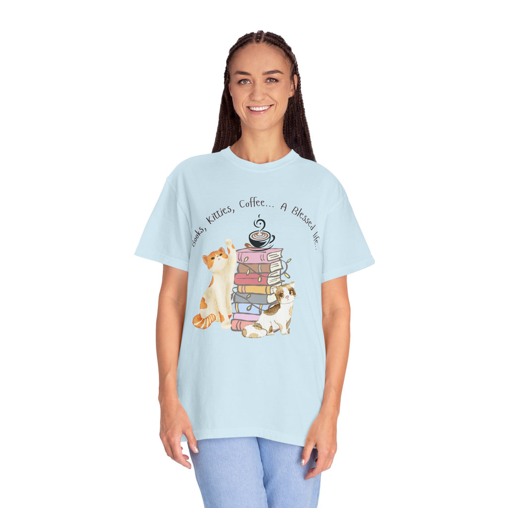 Adult Female Books, Kitties & Coffee Relaxed Tee;  A Blessed Life