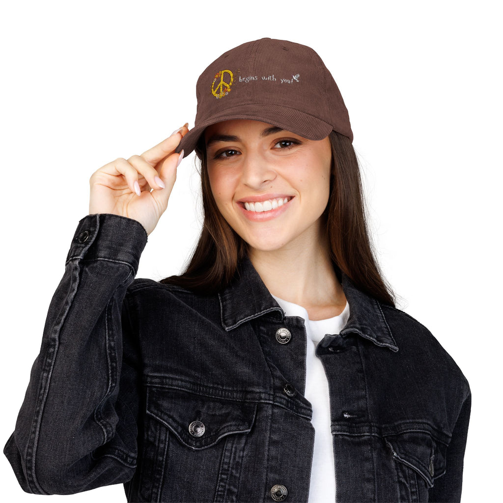 Adult Unisex Retro Corduroy Cap: Embroidered Peace I Give You
