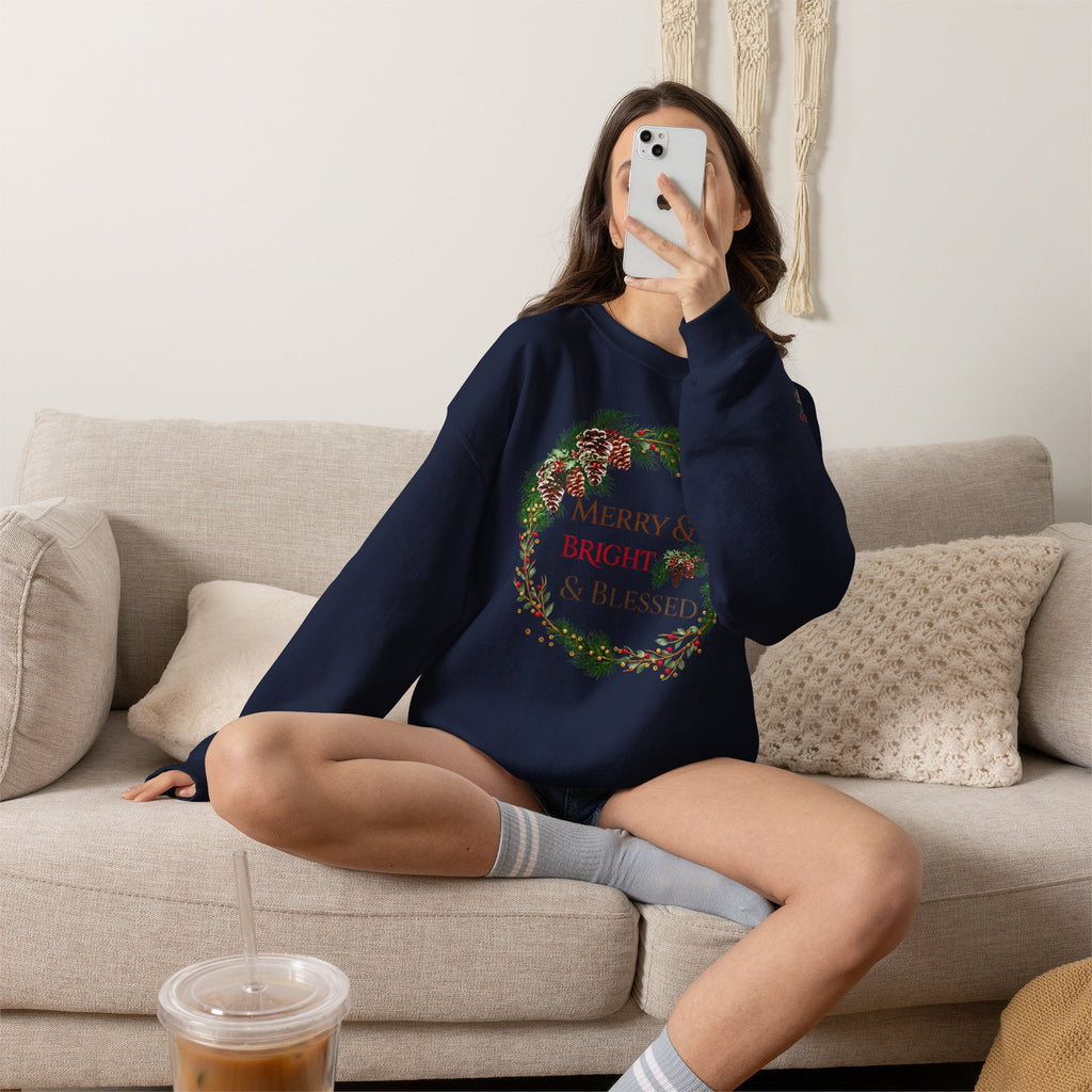 Merry & Bright & Blessed | Women's Christmas Crewneck Sweatshirt