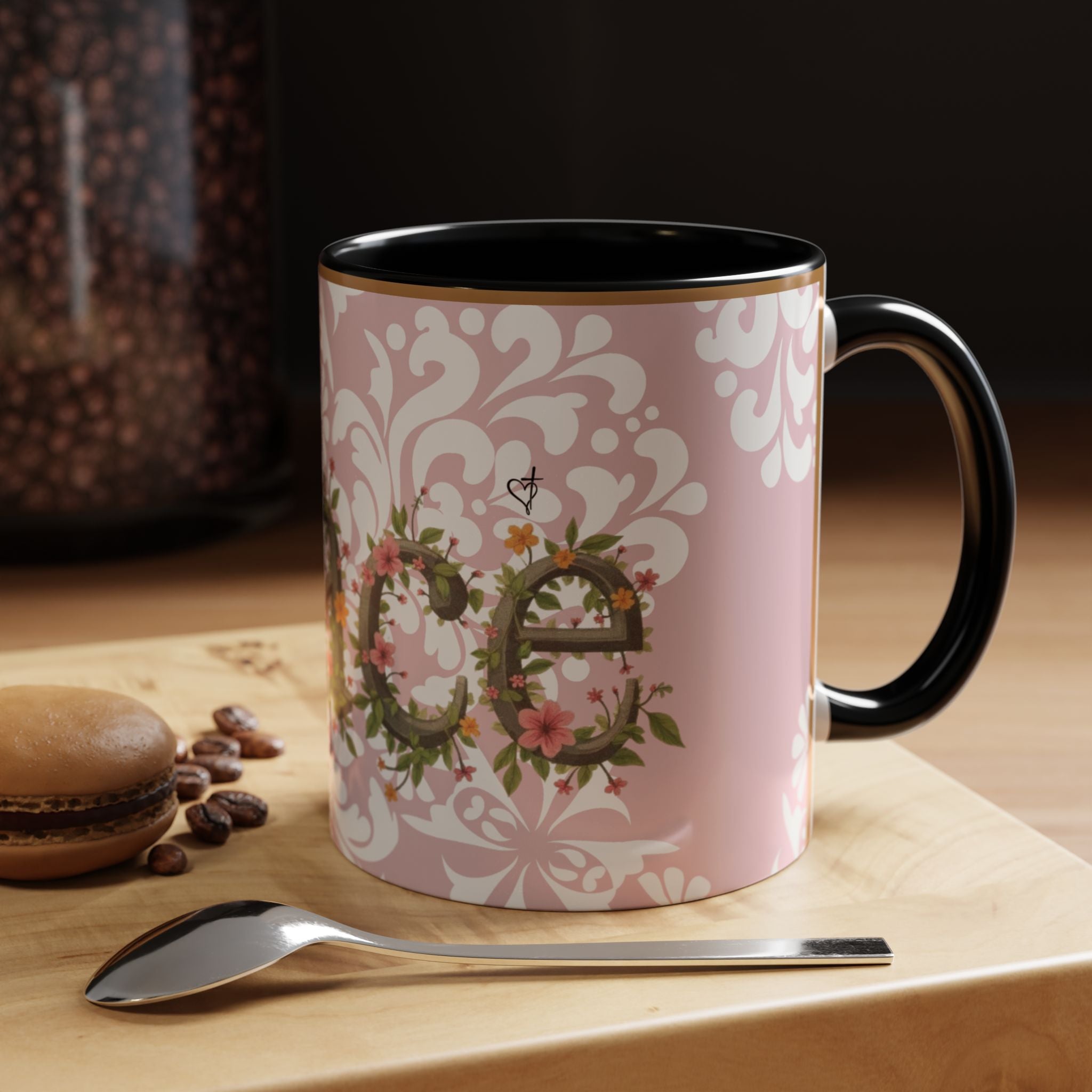 Peace and Love Coffee Mug — John 14:27 Pink Damask & Olive Floral Accent(11, 15oz)