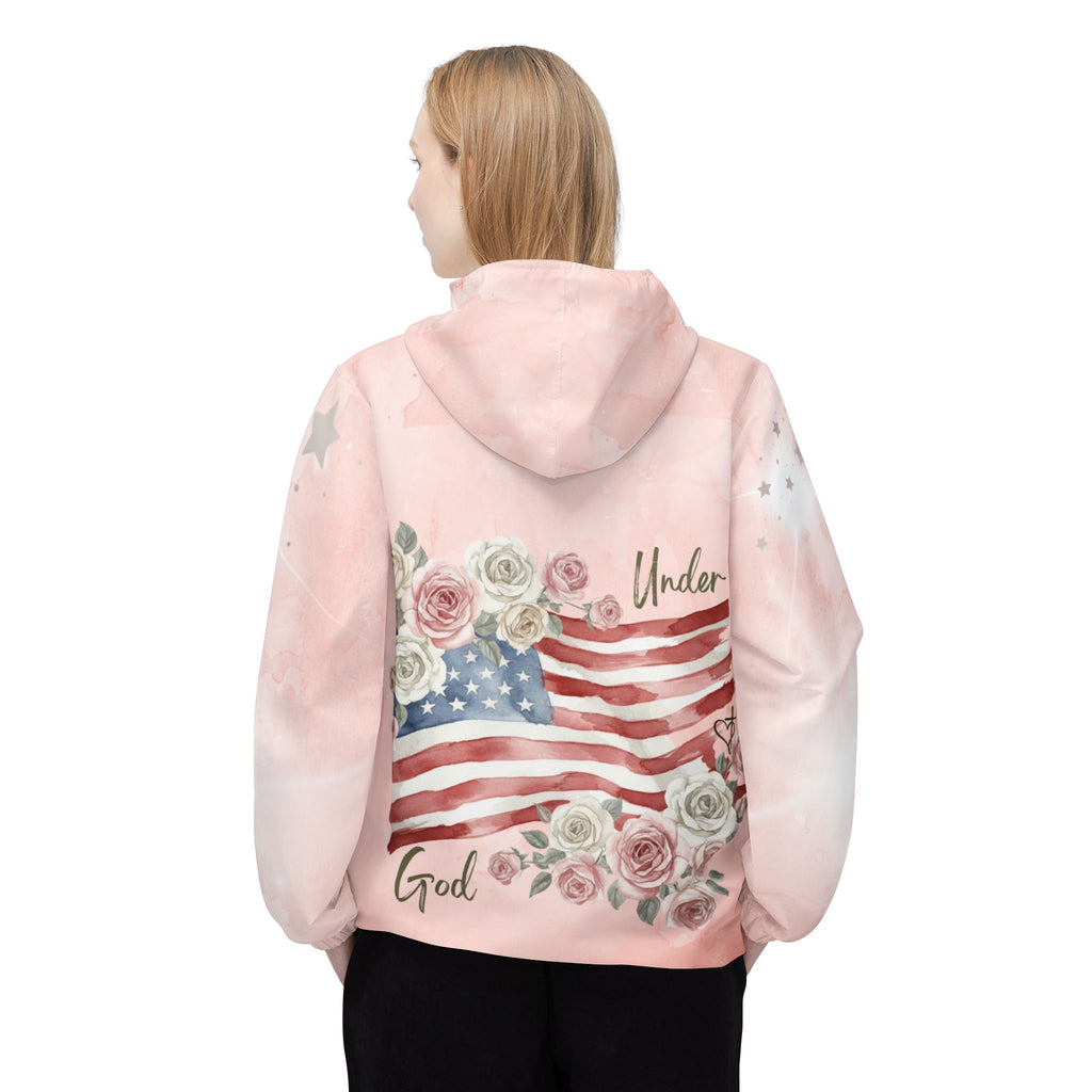 Under God | Watercolor Roses & Flag Women's  Windbreaker Jacket - Blush Pink