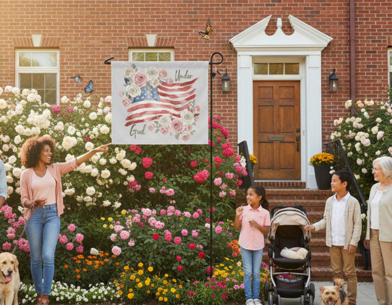 Under God American Flag - Vintage Cabbage Roses US Flower