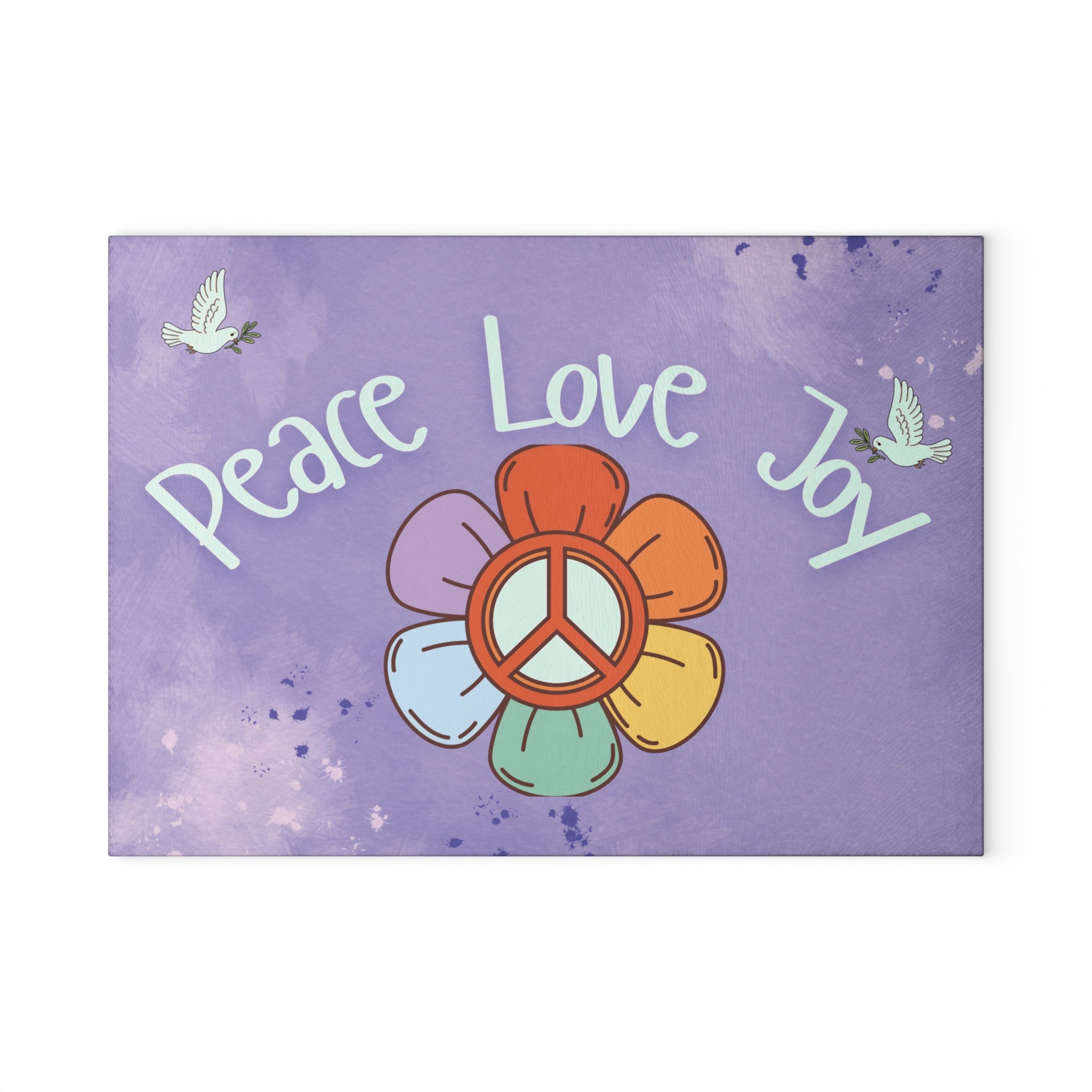 Peace Love Joy Glass Cutting Board — Retro Flower Peace Sign Kitchen Decor