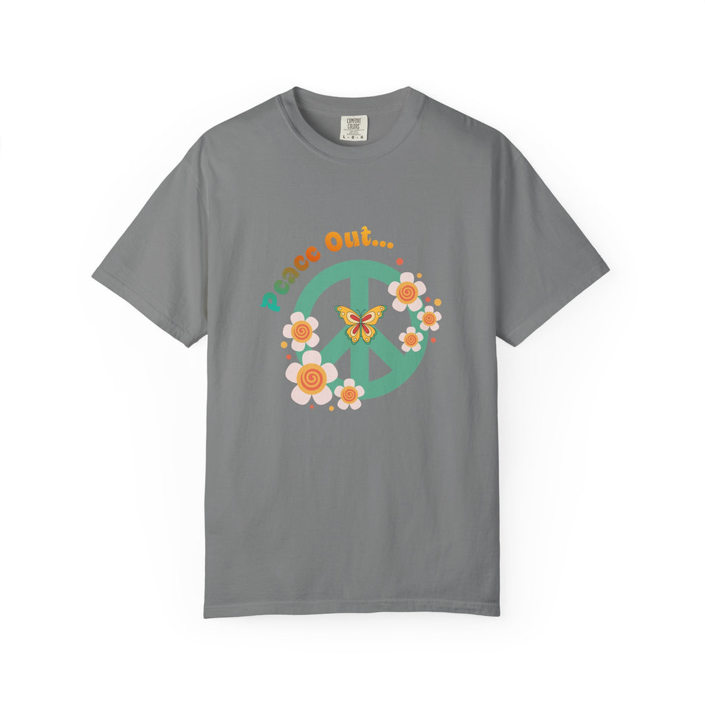 Peace Out T‑Shirt — Retro Floral Peace Sign Tee with ‘Peace Out…’ Text