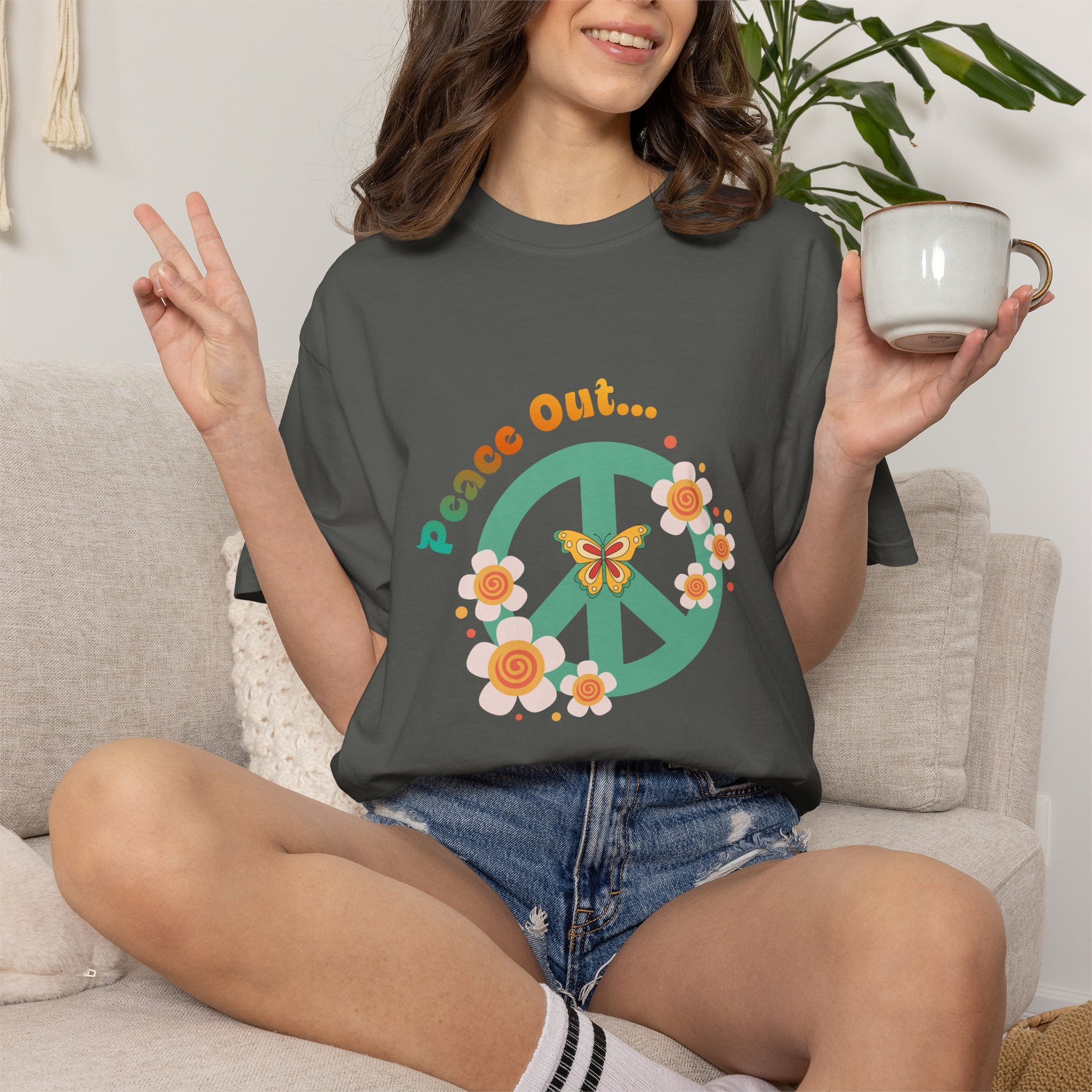 Peace Out T‑Shirt — Retro Floral Peace Sign Tee with ‘Peace Out…’ Text