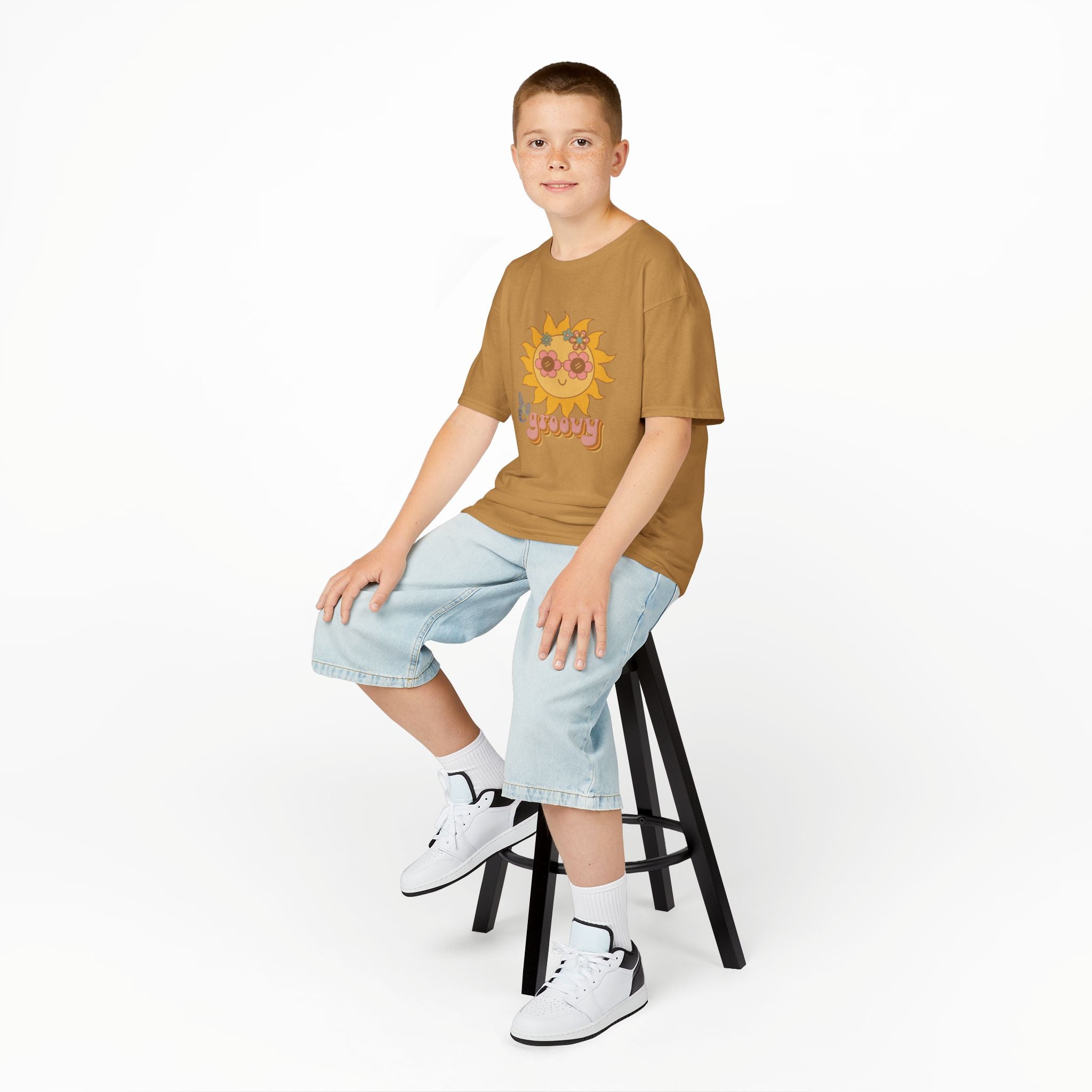 Peace and Love Groovy Sun Kids Tee — Retro 70s Graphic T-Shirt for Boys & Girls