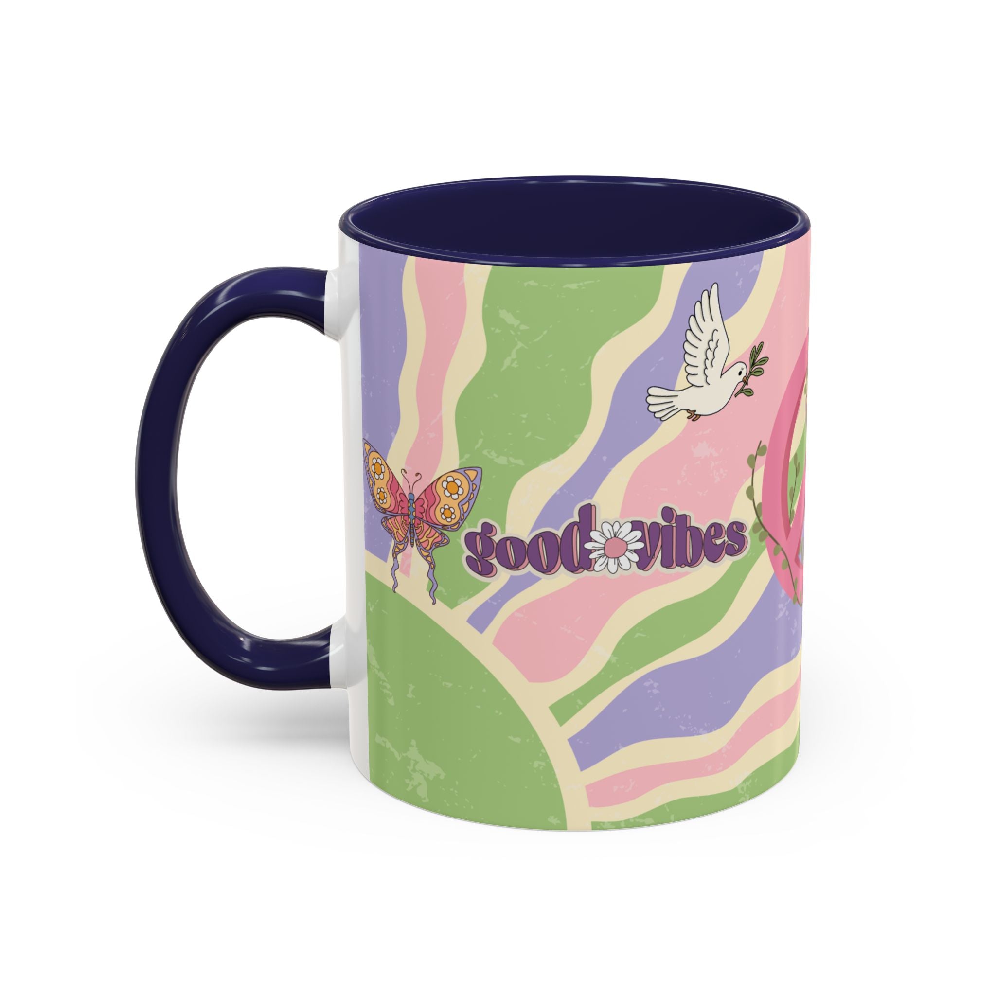 Peace & Love Good Vibes Ceramic Mug — Boho Butterfly & Dove Design (11, 15oz)