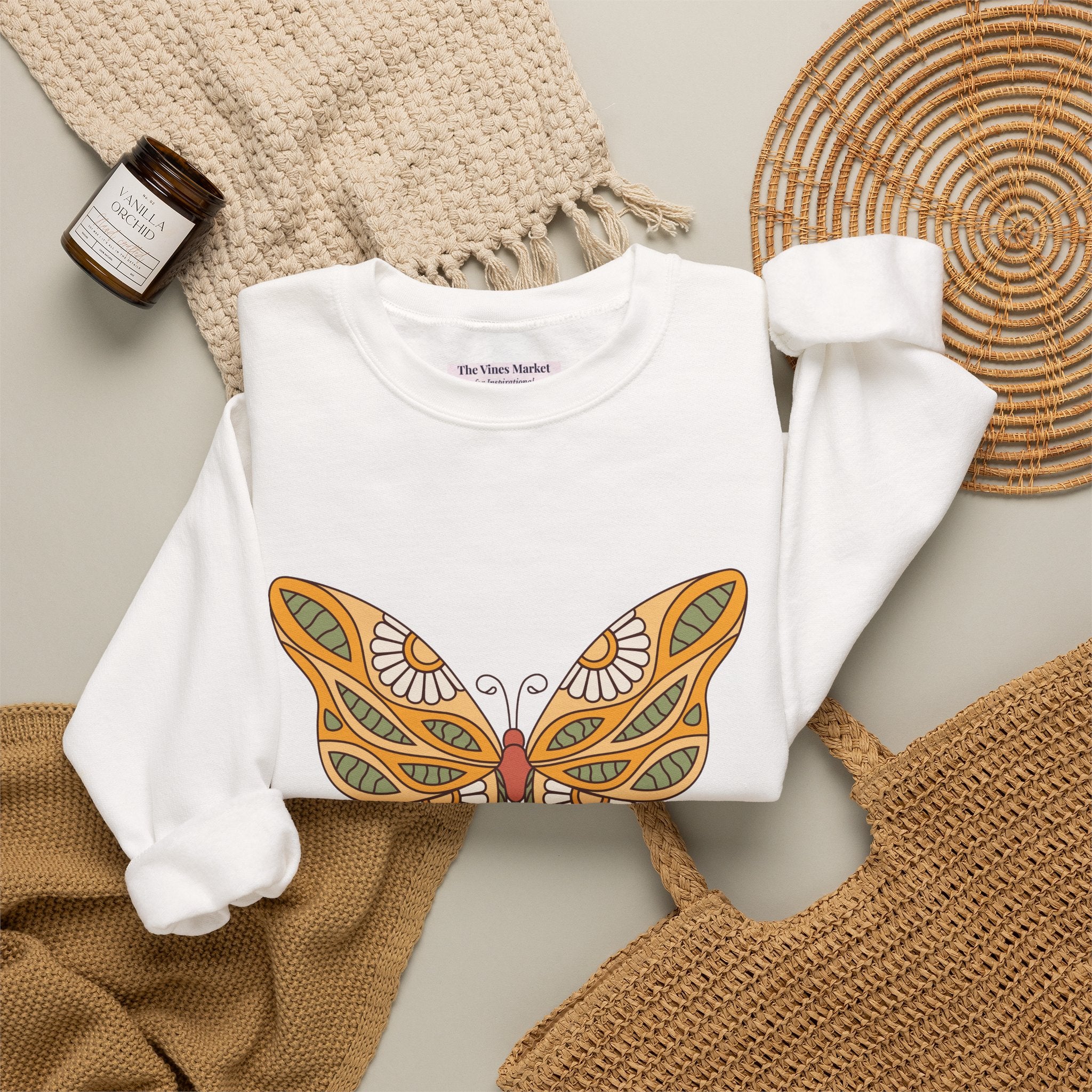 Peace Butterfly Crewneck Sweatshirt — Retro Floral Graphic Pullover