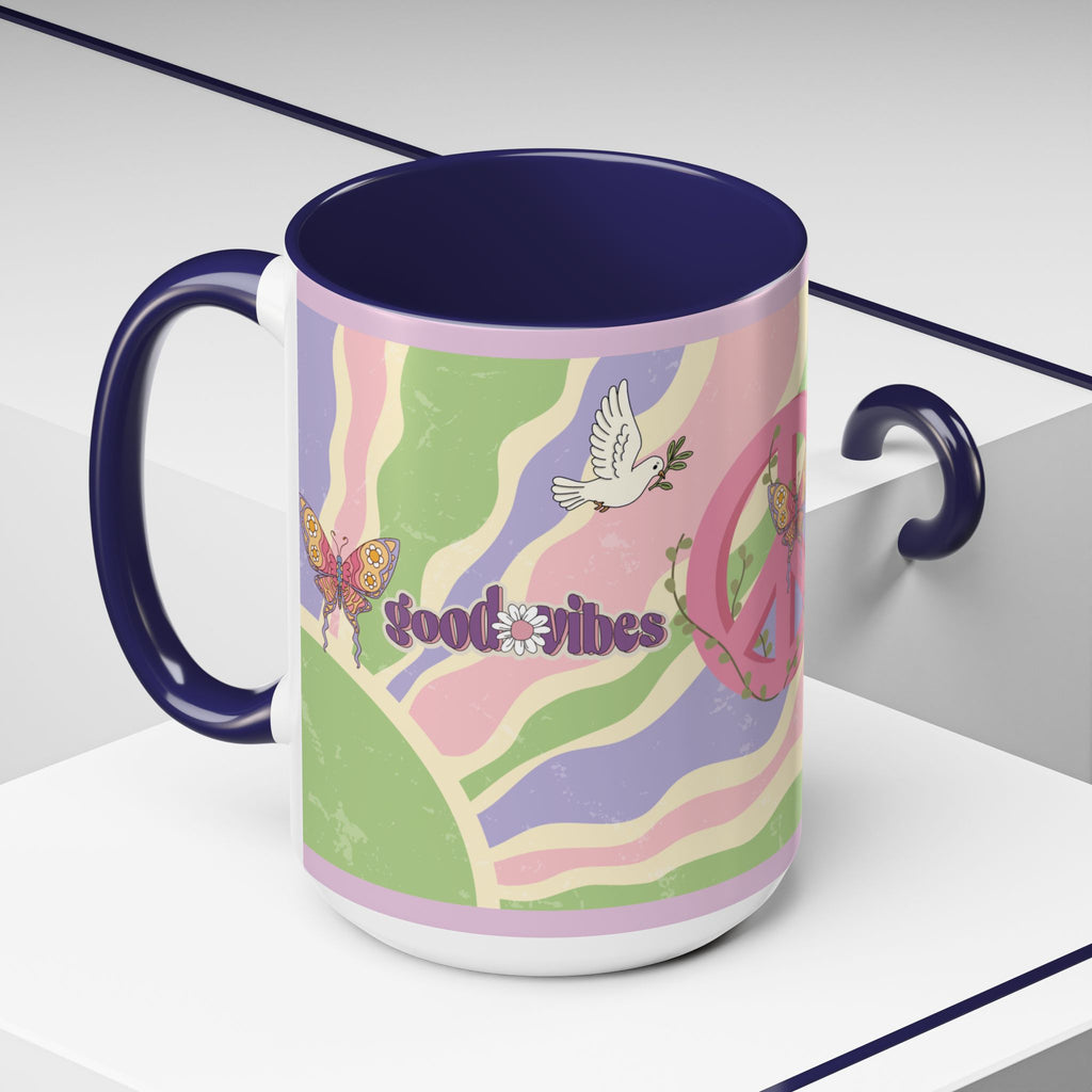 Peace & Love Good Vibes Ceramic Mug — Boho Butterfly & Dove Design (11, 15oz)