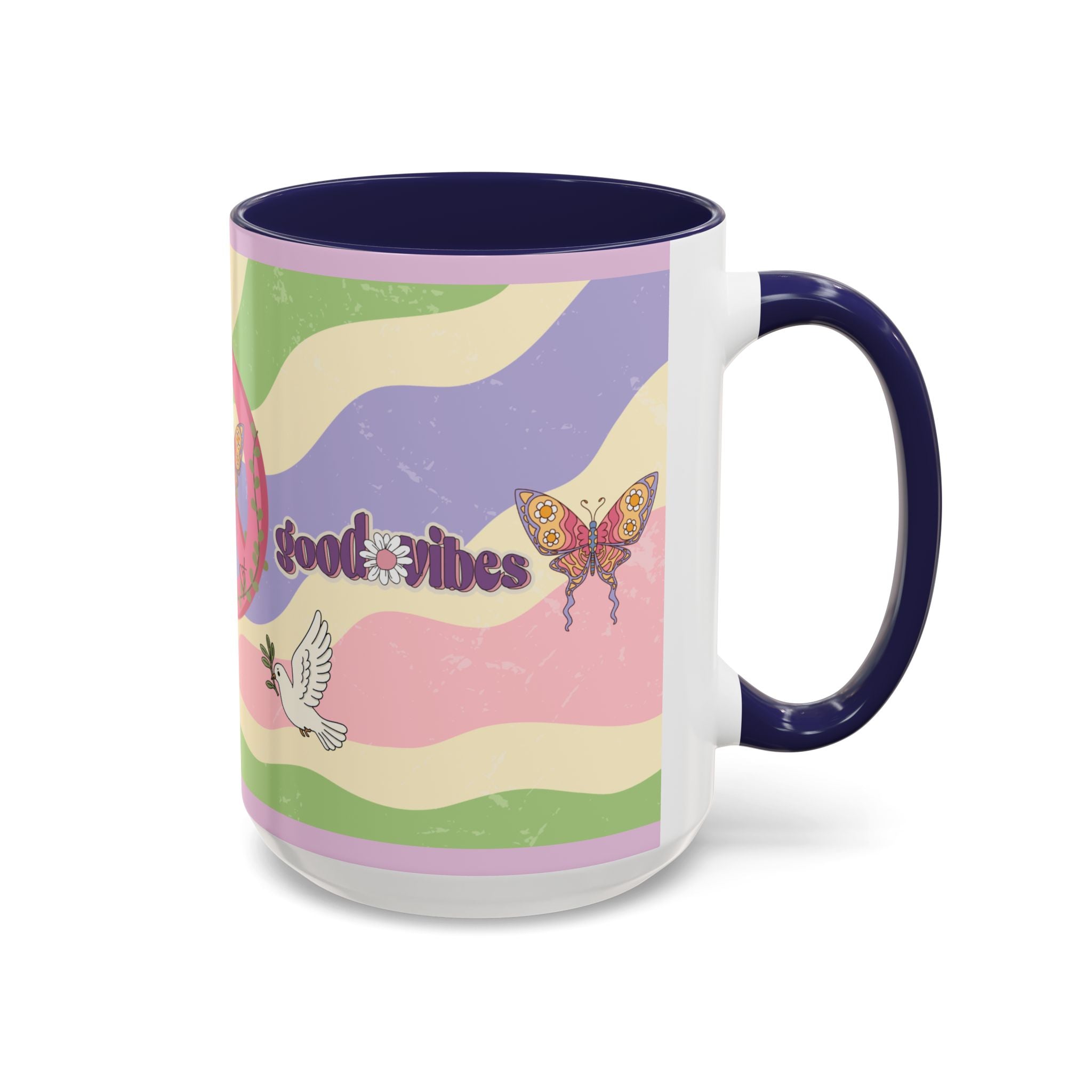 Peace & Love Good Vibes Ceramic Mug — Boho Butterfly & Dove Design (11, 15oz)