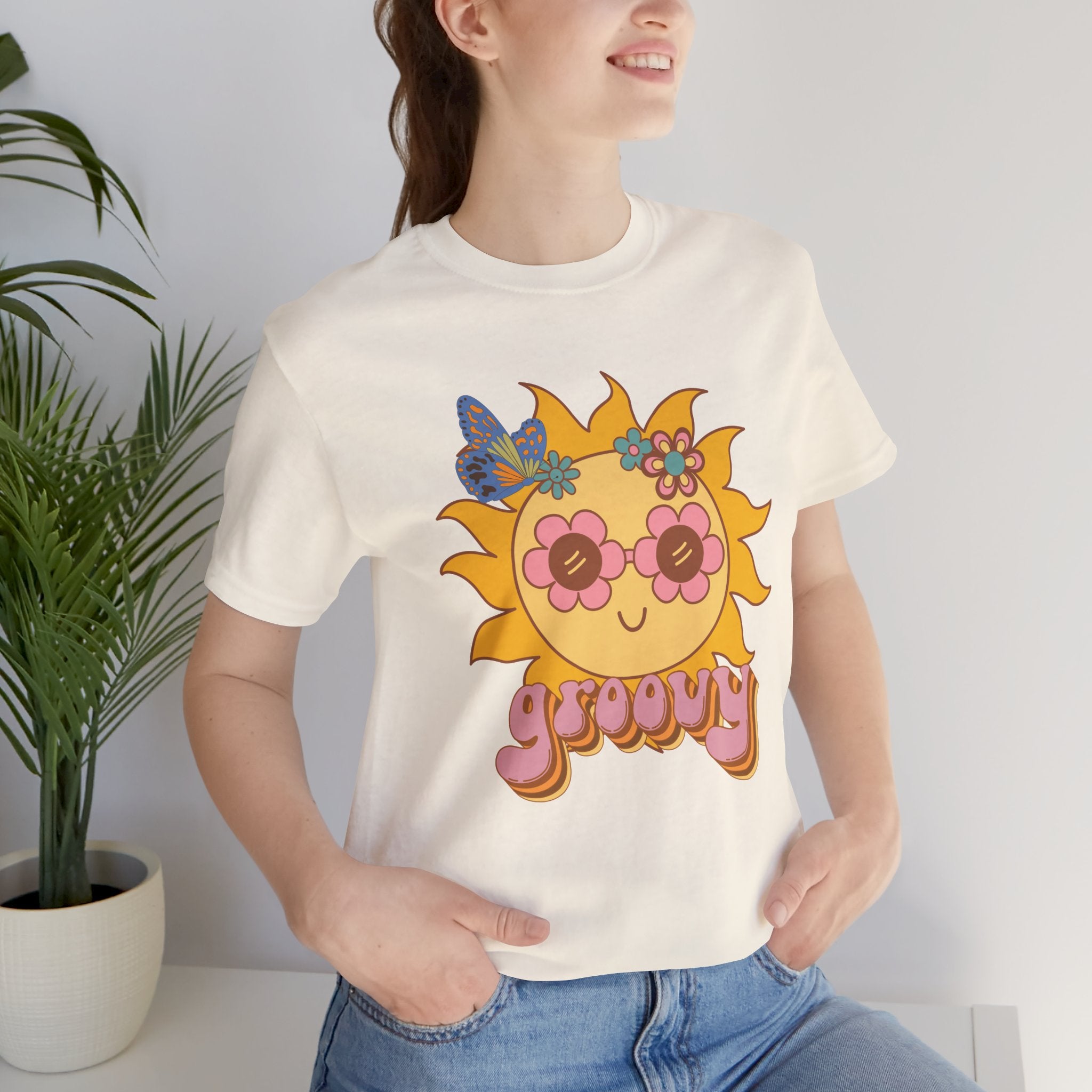 Peace and Love Groovy Sunflower Tee — 70s Retro Sun Graphic For Her