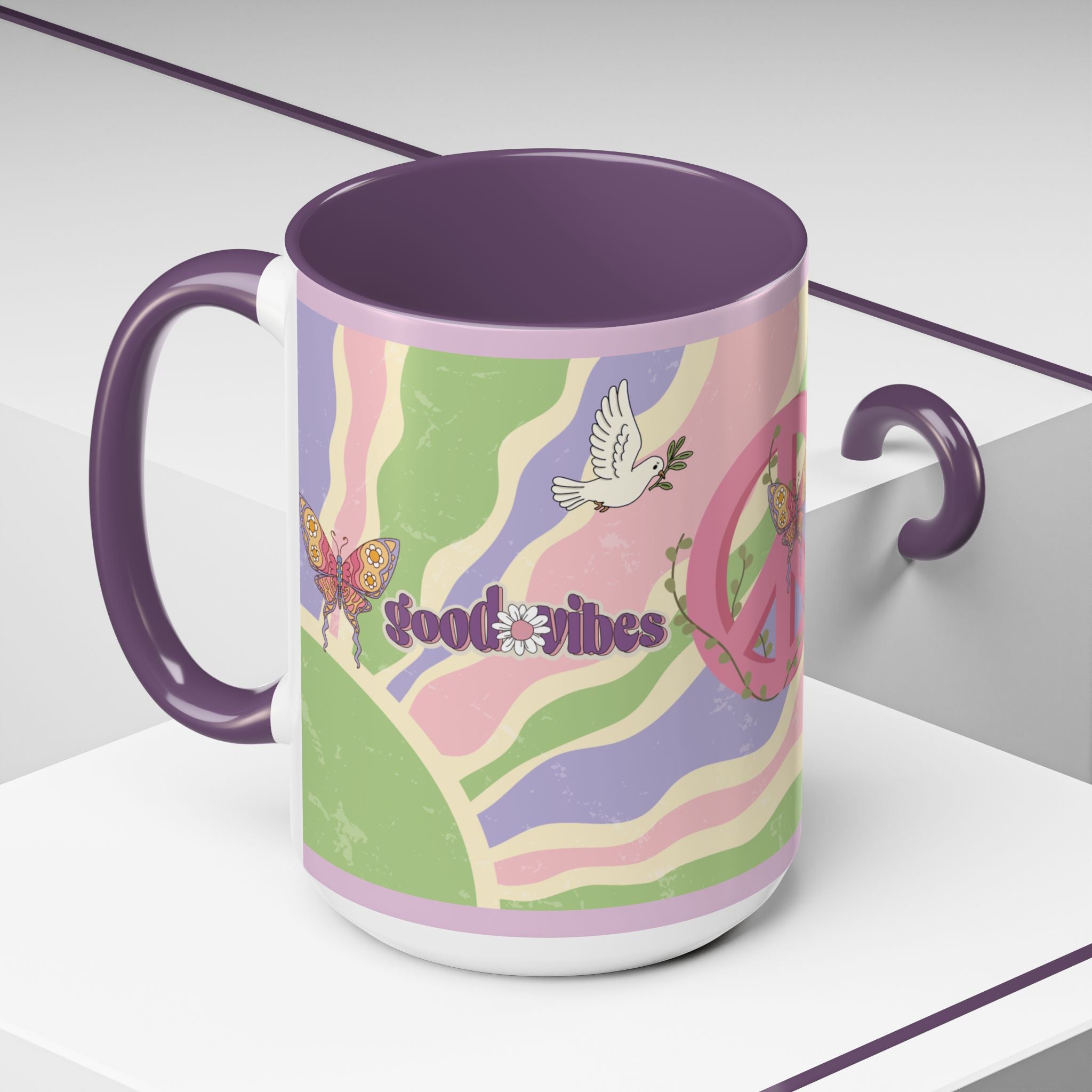 Peace & Love Good Vibes Ceramic Mug — Boho Butterfly & Dove Design (11, 15oz)