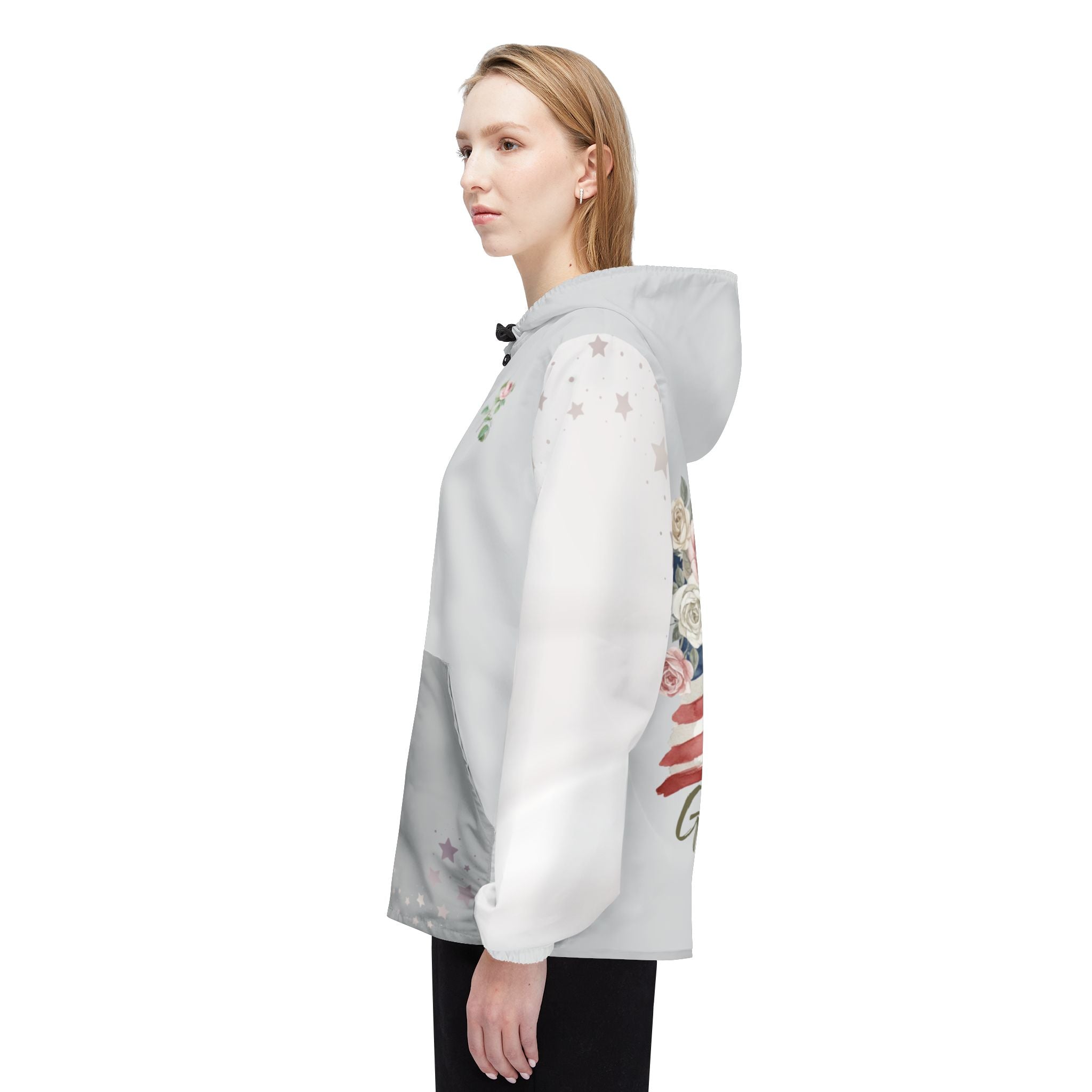 Under God | Gray Watercolor Roses & Flag Women's Windbreaker Jacket