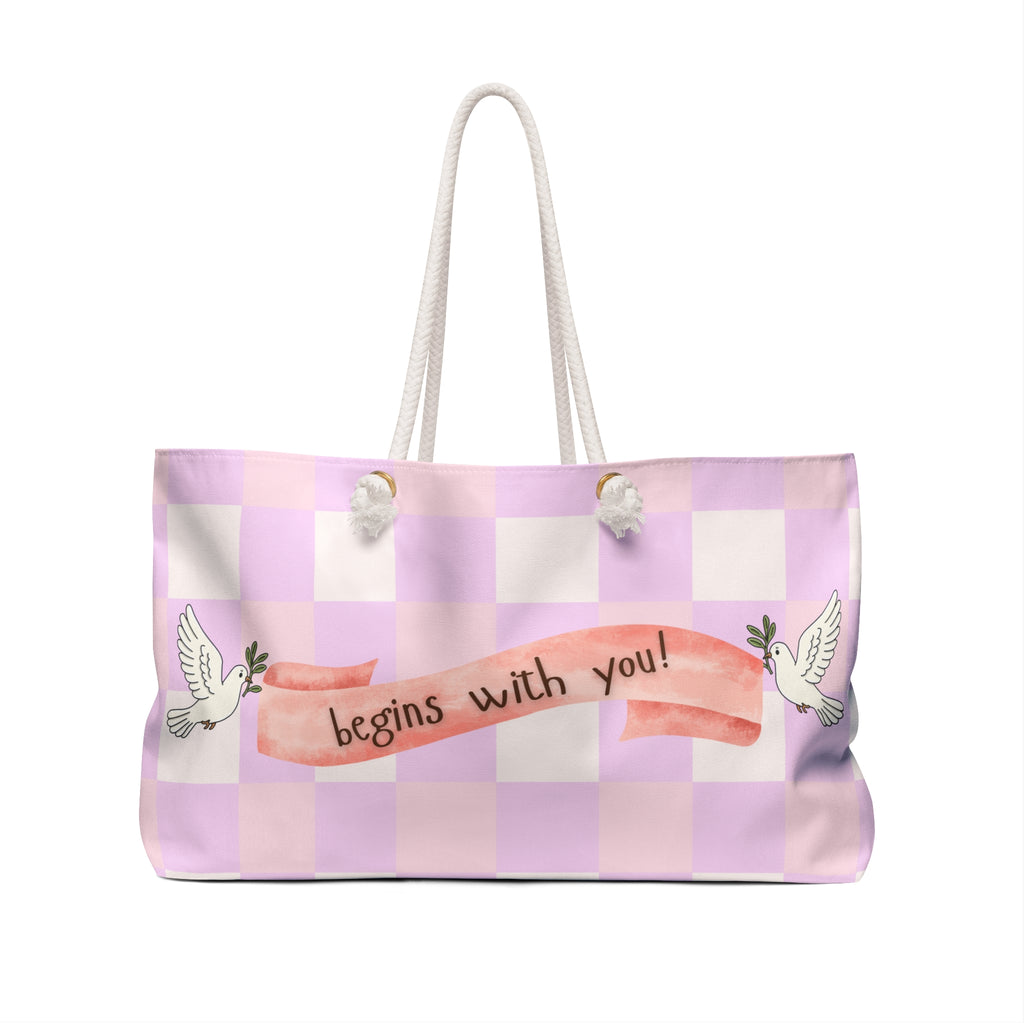 Weekender Bag: Peace Begins With You | Pastel Checkerboard Peace Dove Tote Bag