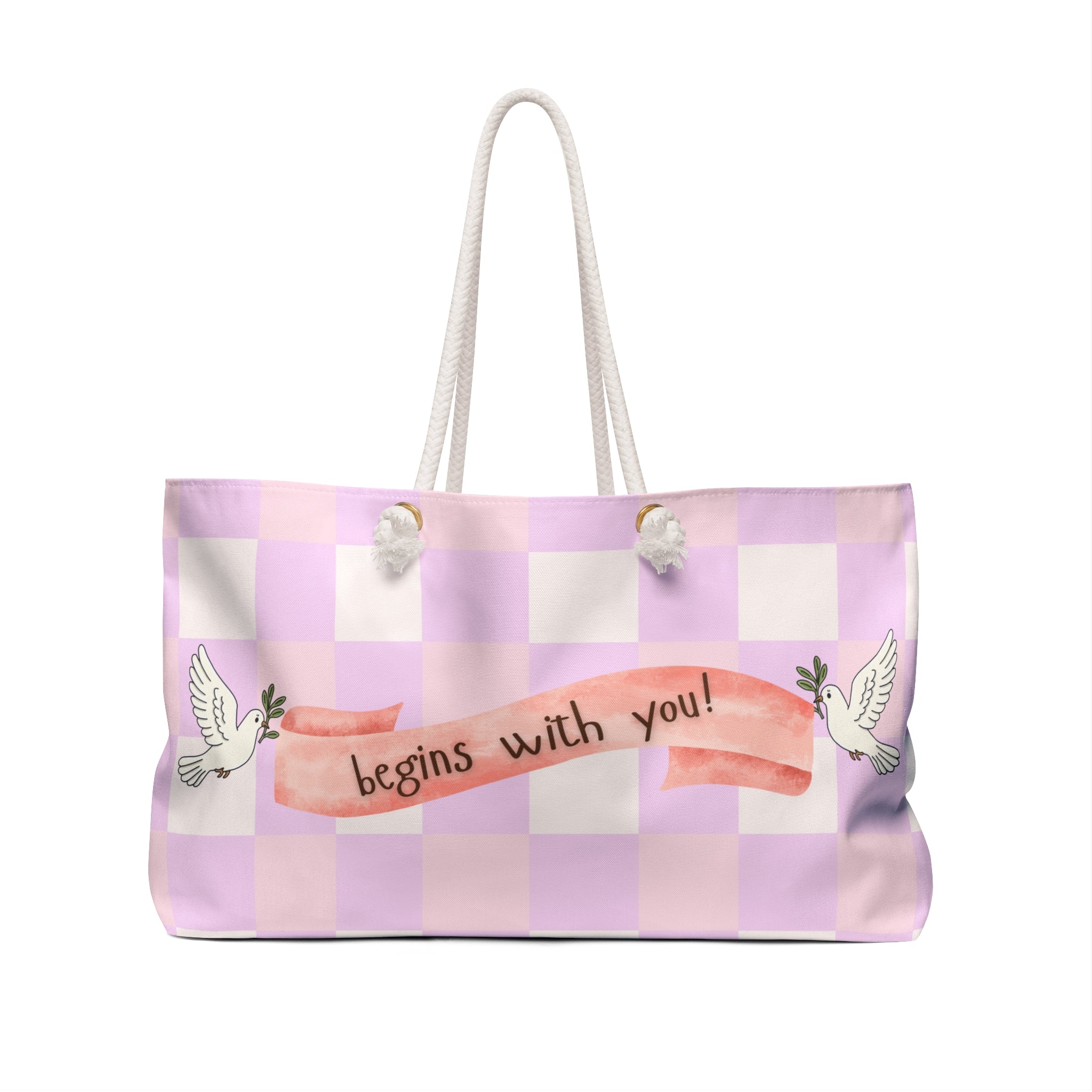 Weekender Bag: Peace Begins With You | Pastel Checkerboard Peace Dove Tote Bag