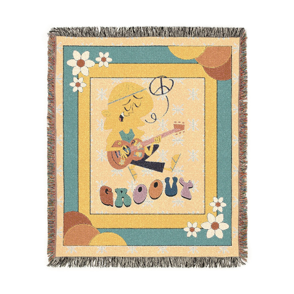 Groovy 70s Hippie Guitar Throw Blanket — Retro Teal & Mustard Woven Blanket