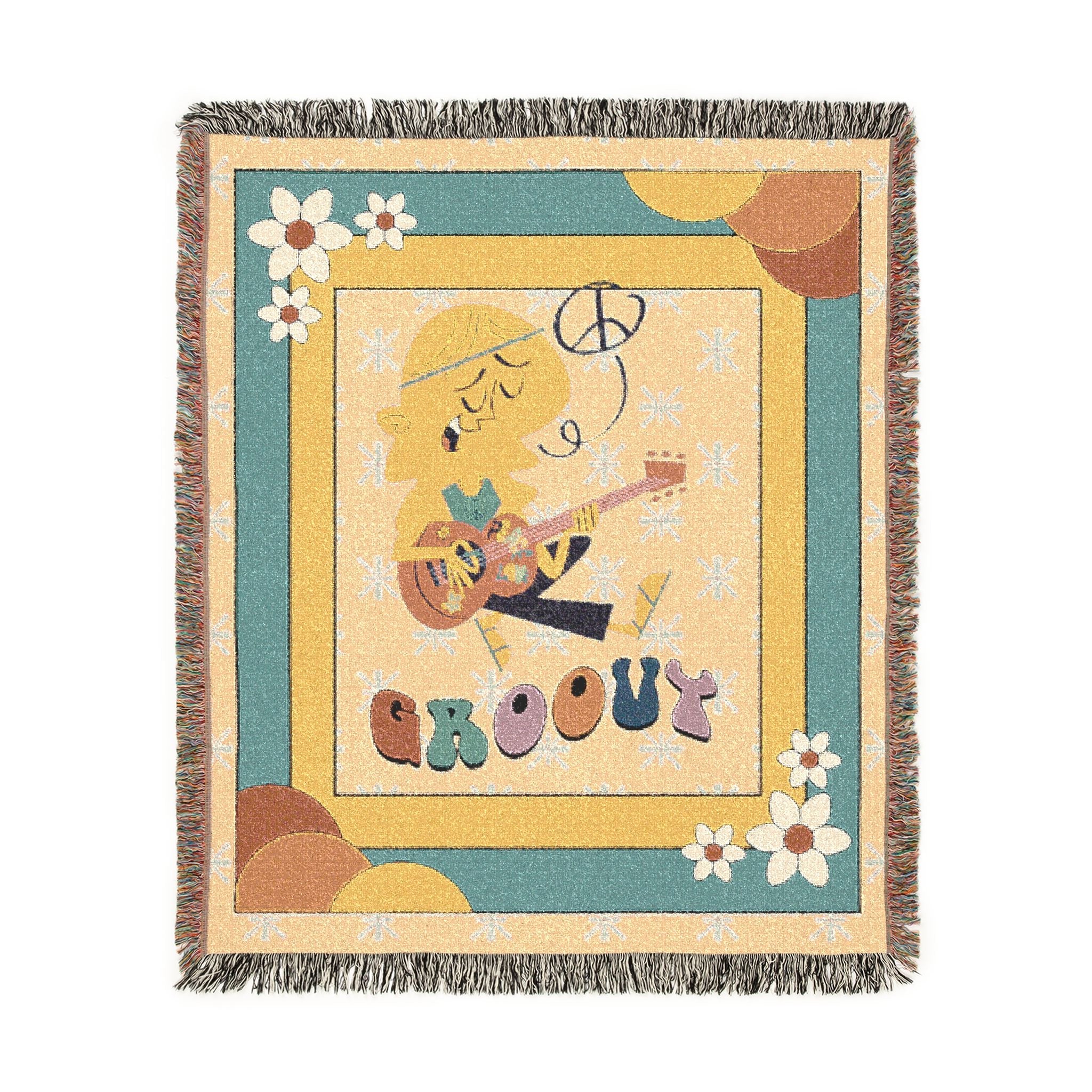 Groovy 70s Hippie Guitar Throw Blanket — Retro Teal & Mustard Woven Blanket