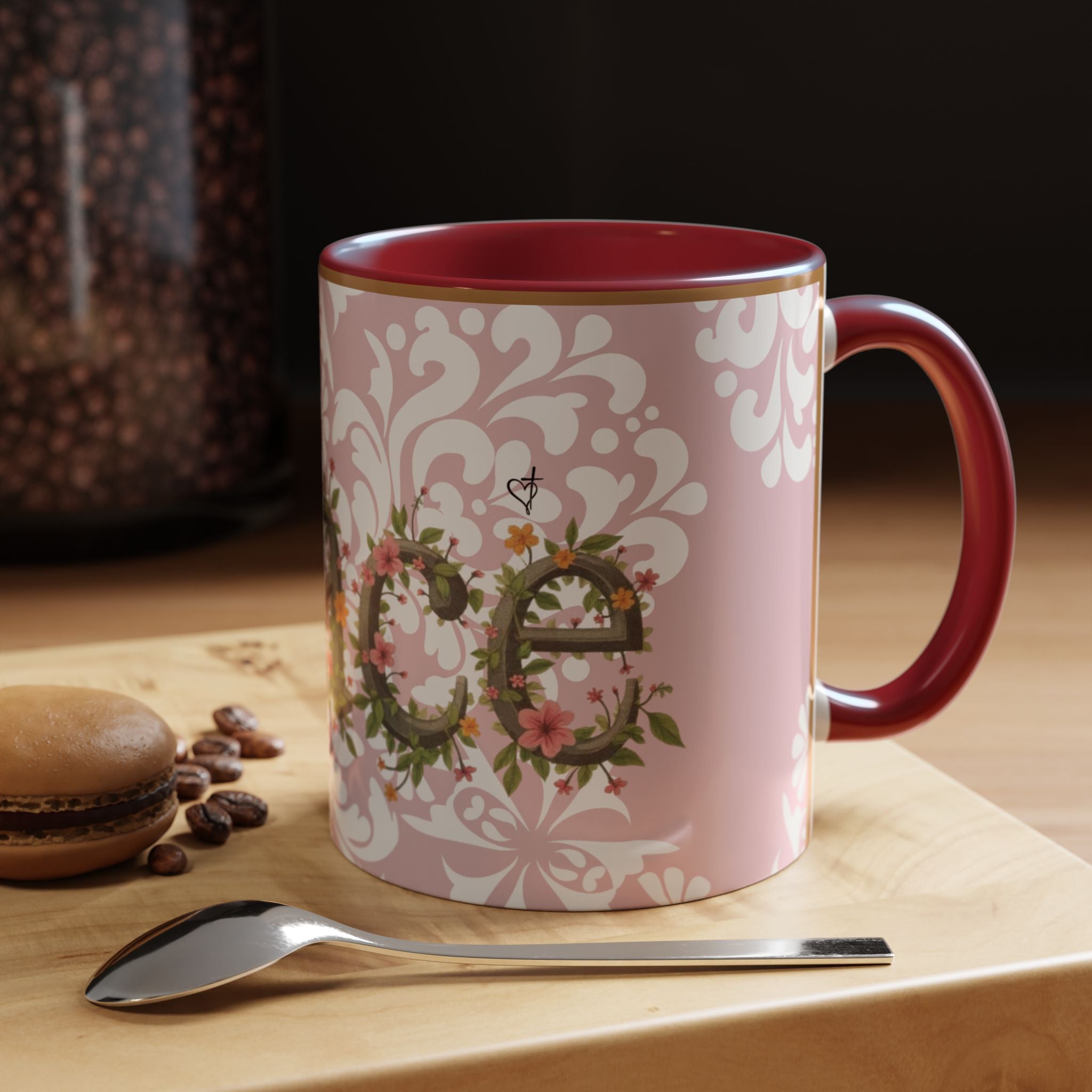 Peace and Love Coffee Mug — John 14:27 Pink Damask & Olive Floral Accent(11, 15oz)